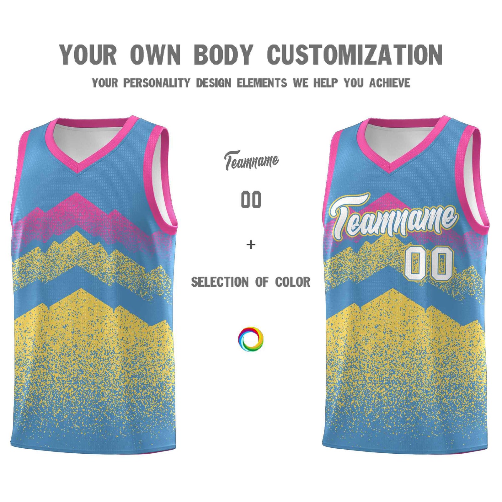 Personalized Youth Basketball Jerseys Light Blue Khaki Gradient Mountain Design Uniforms