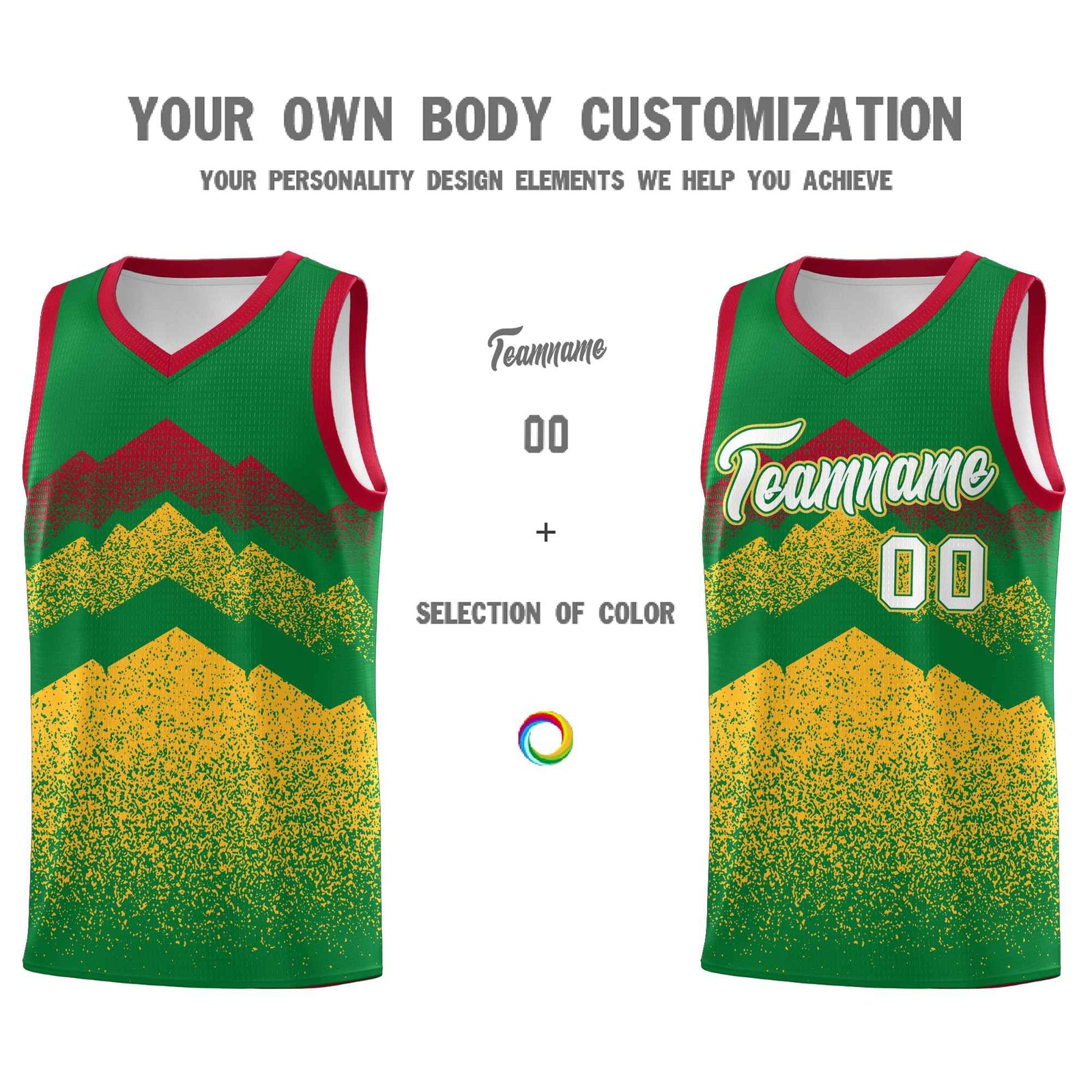 Custom Youth Basketball Jerseys Kelly Green Gold Gradient Mountain Design Uniforms