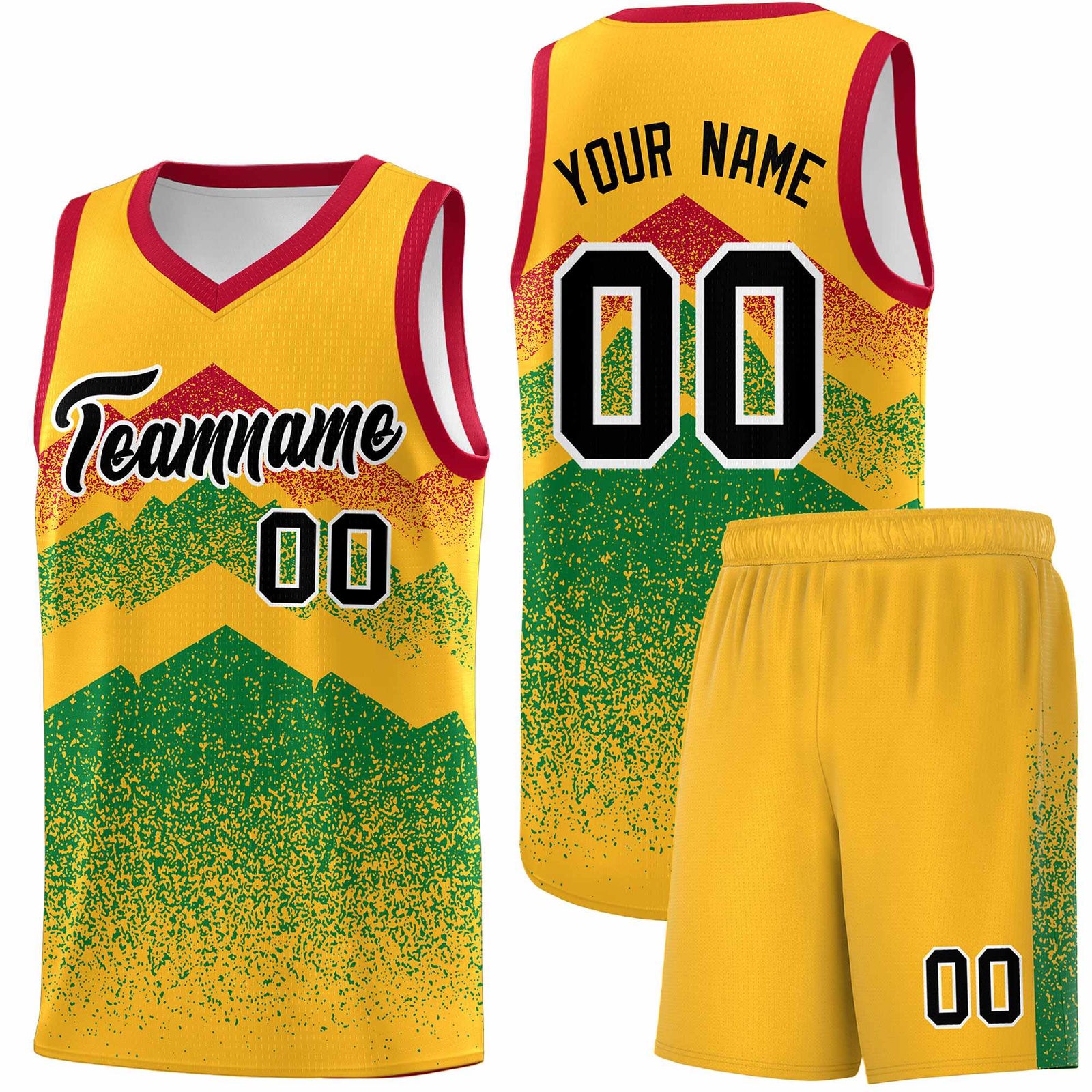 Personalized Youth Basketball Jerseys Gold Kelly Green Gradient Mountain Design Uniforms