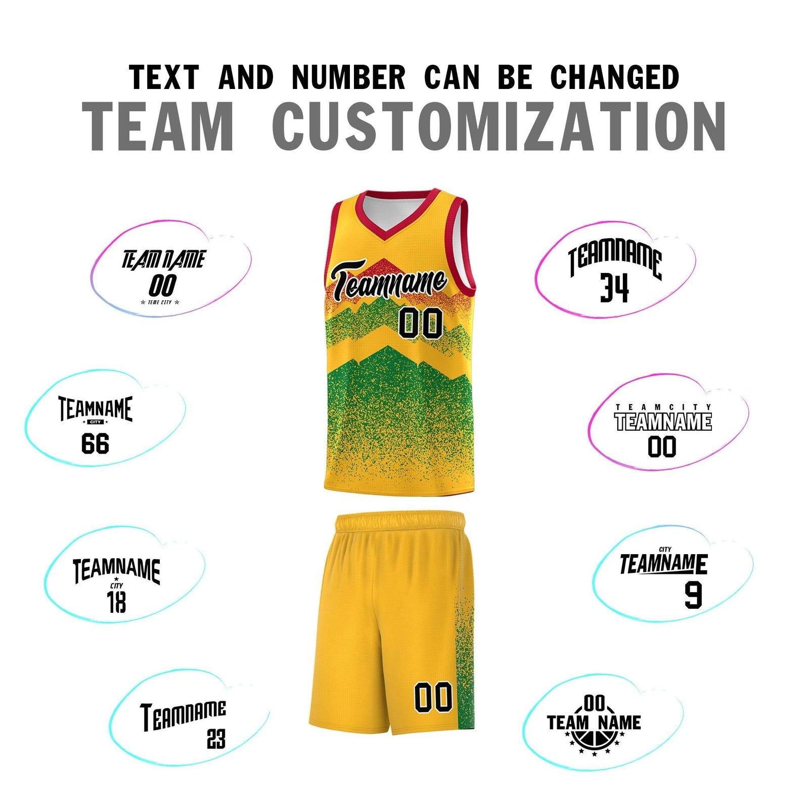 Personalized Youth Basketball Jerseys Gold Kelly Green Gradient Mountain Design Uniforms