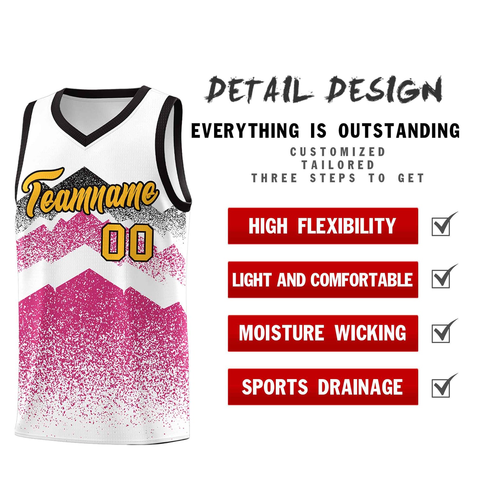 Personalized Youth Basketball Jerseys White Rose Red Gradient Mountain Design Uniforms