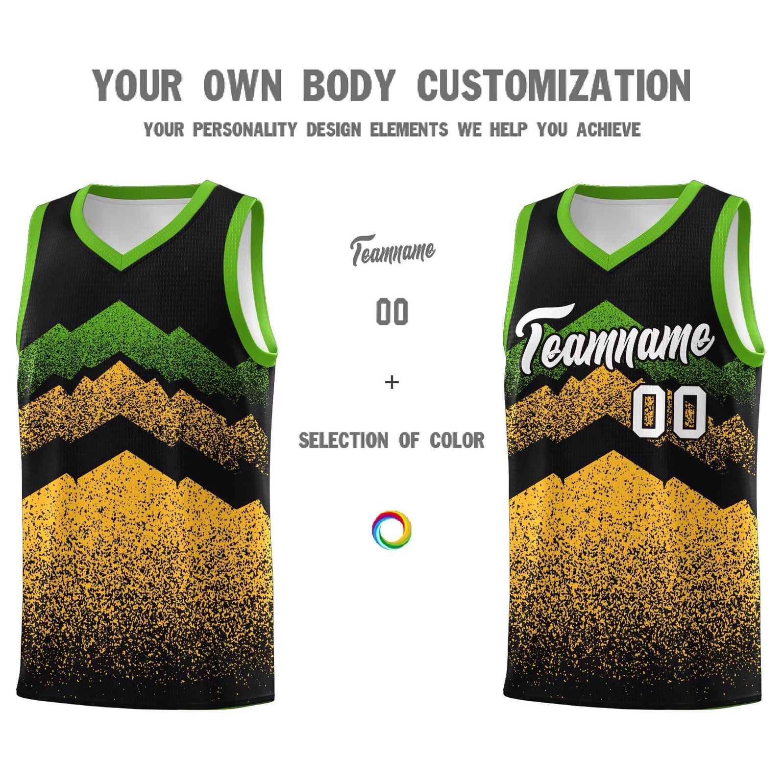 Personalized Youth Basketball Jerseys Black Gold Gradient Mountain Design Uniforms