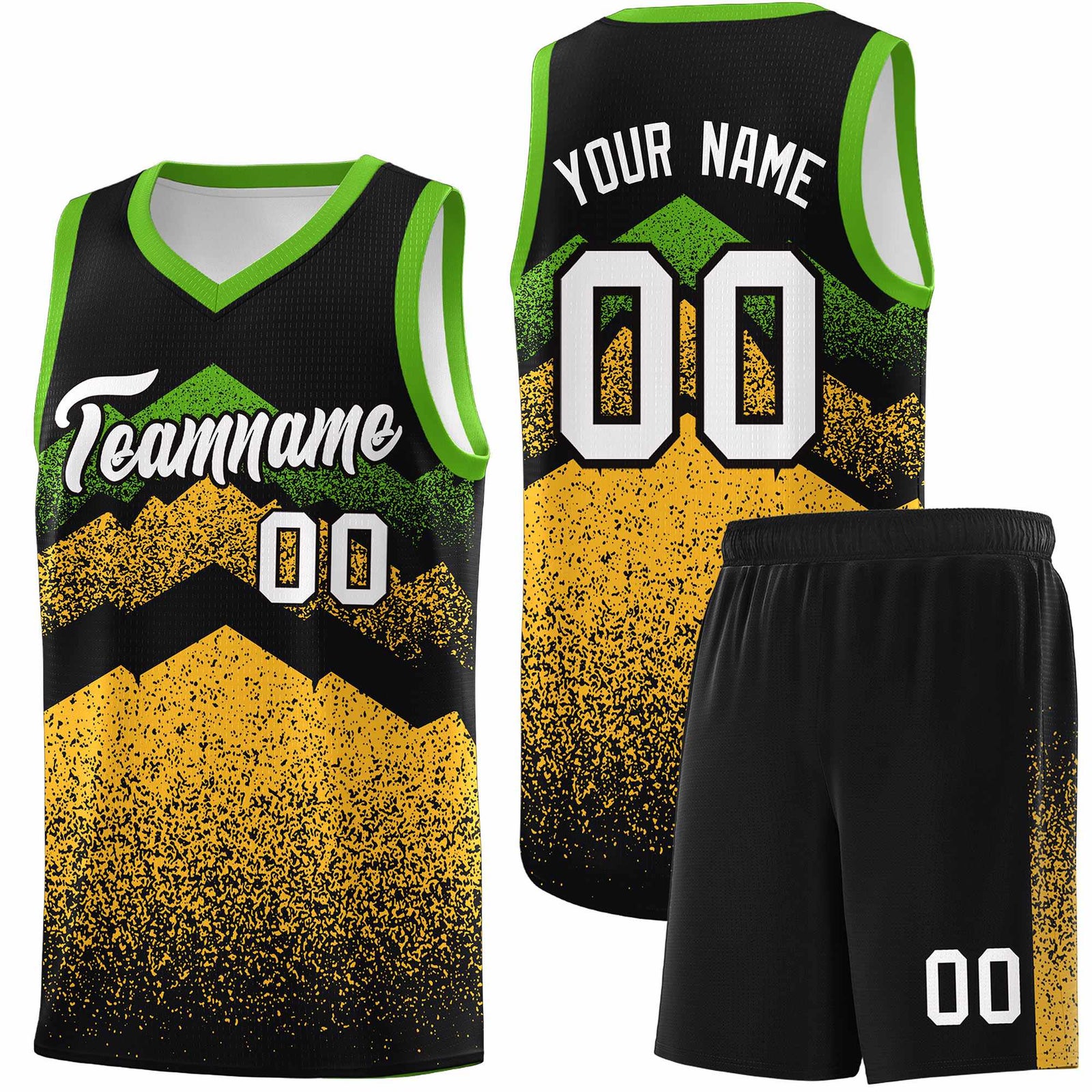 Personalized Youth Basketball Jerseys Black Gold Gradient Mountain Design Uniforms