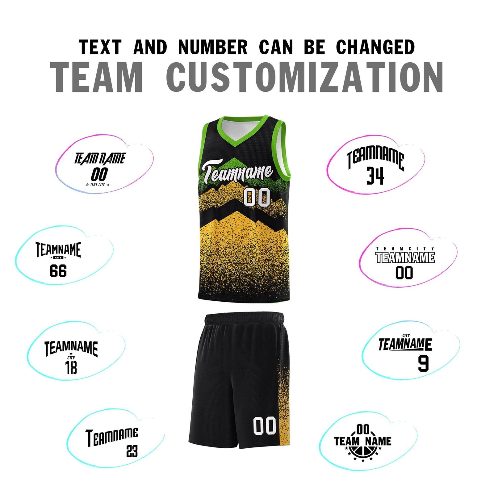 Personalized Youth Basketball Jerseys Black Gold Gradient Mountain Design Uniforms