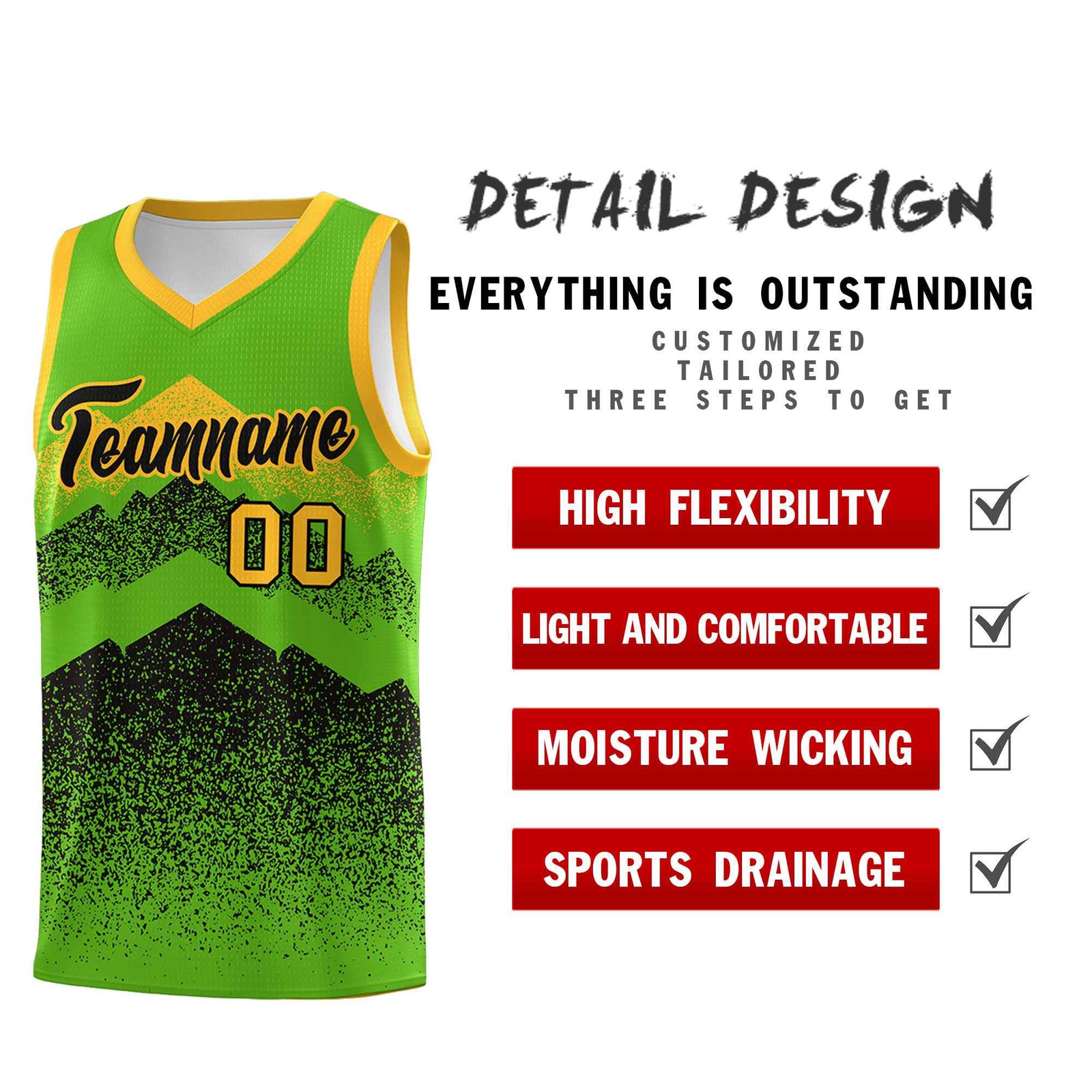 Custom Youth Basketball Jerseys Green Black Gradient Mountain Design Uniforms