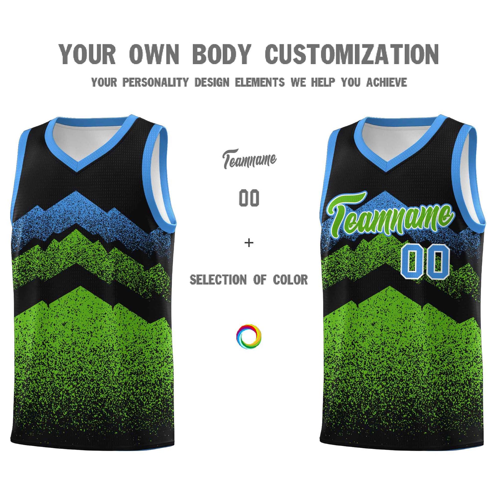 Personalized Youth Basketball Jerseys Black Green Gradient Mountain Design Uniforms