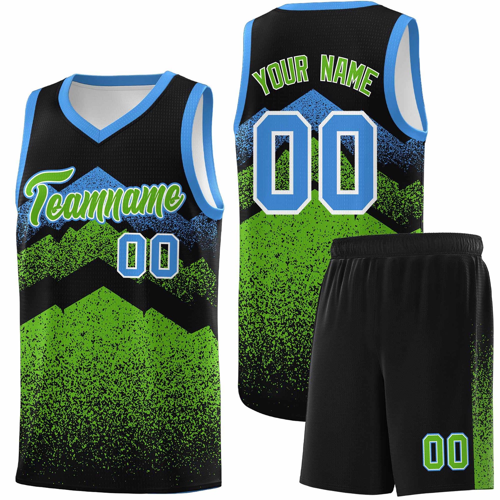 Personalized Youth Basketball Jerseys Black Green Gradient Mountain Design Uniforms