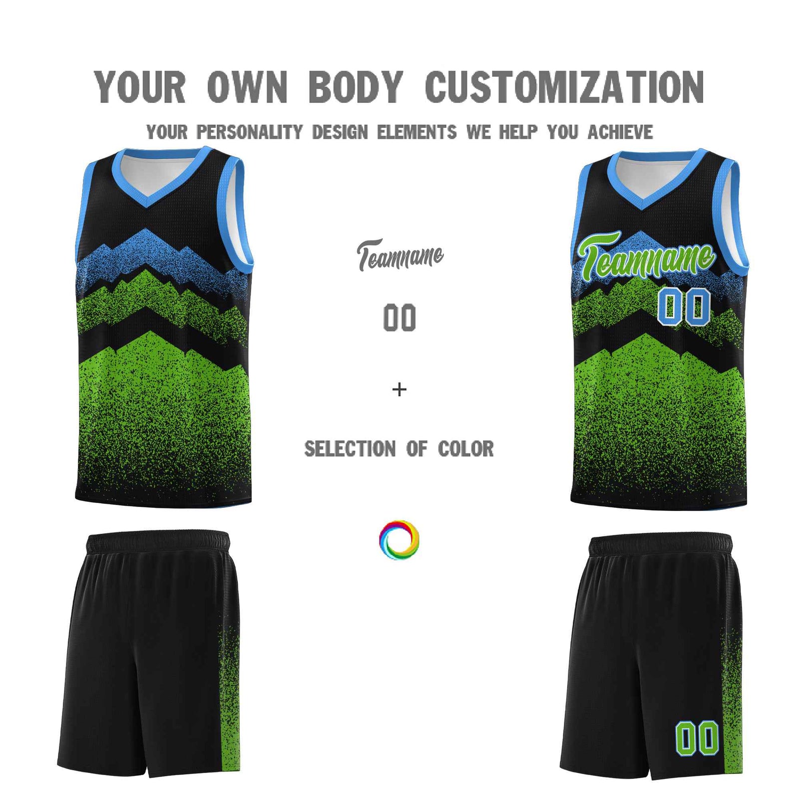 Personalized Youth Basketball Jerseys Black Green Gradient Mountain Design Uniforms