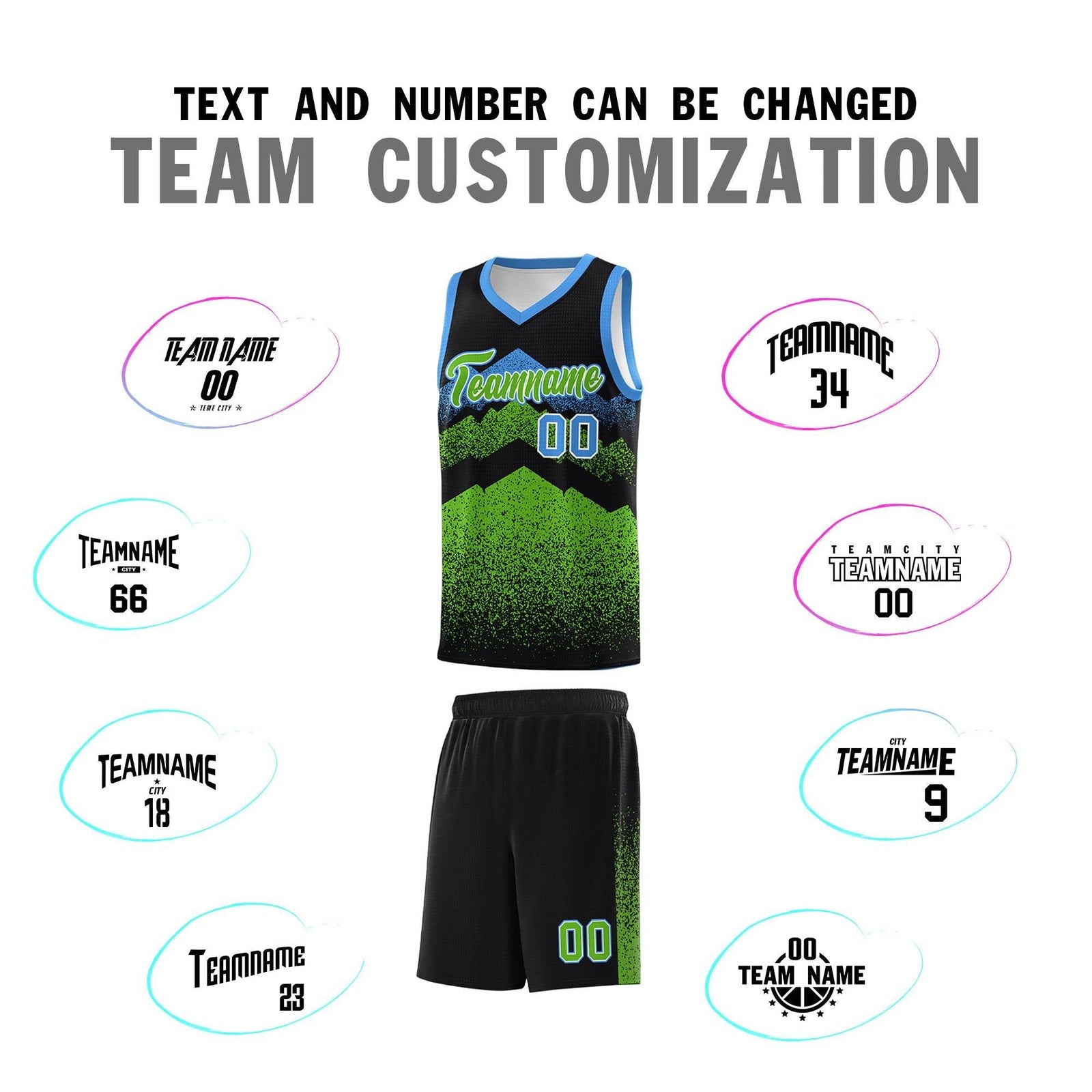 Personalized Youth Basketball Jerseys Black Green Gradient Mountain Design Uniforms