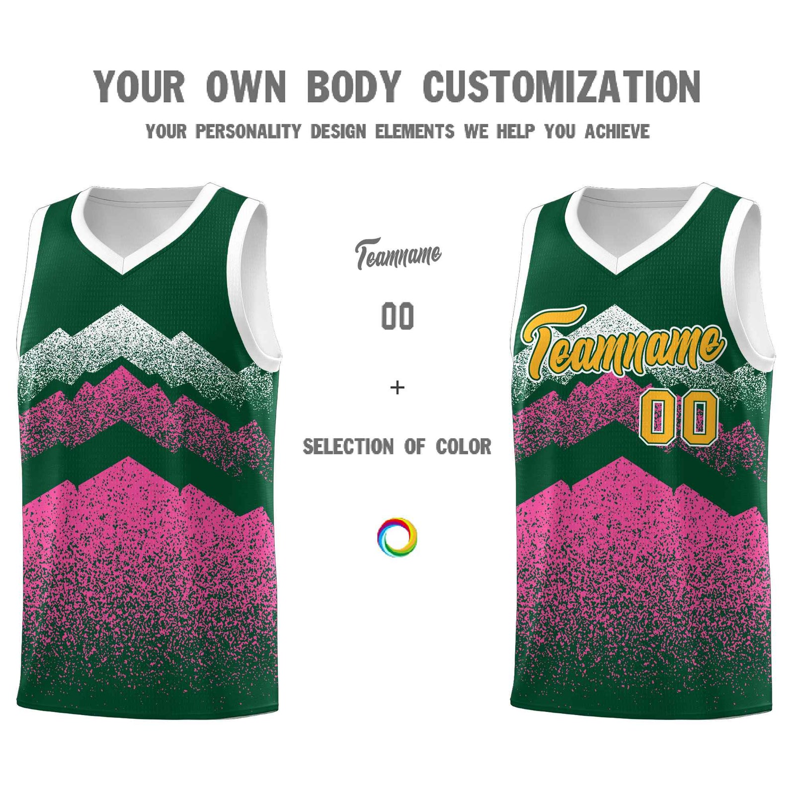 Custom Youth Basketball Jerseys Green Pink Gradient Mountain Design Uniforms