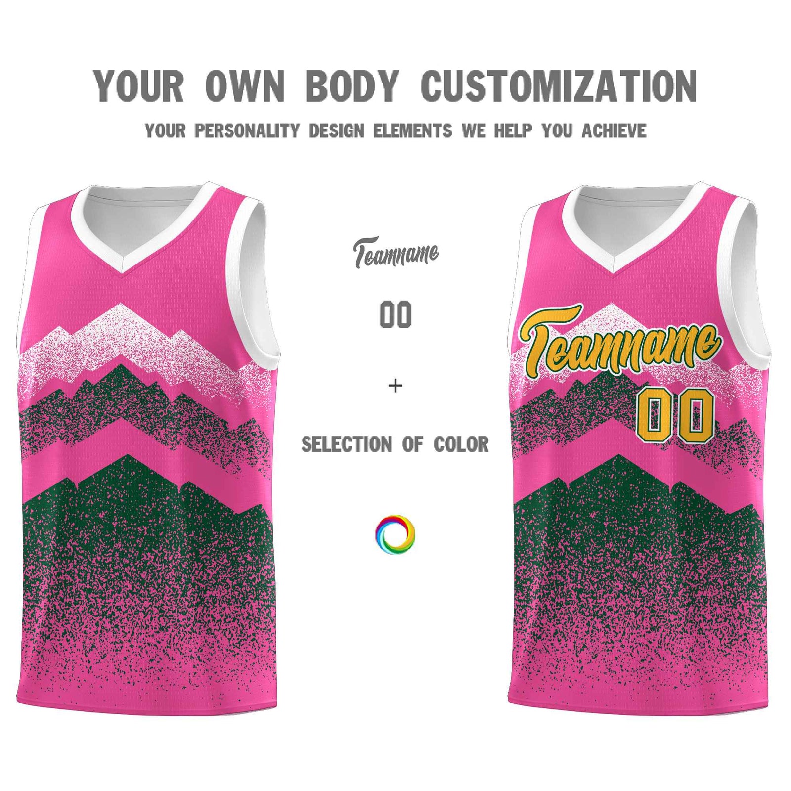 Personalized Youth Basketball Jerseys Pink Green Gradient Mountain Design Uniforms