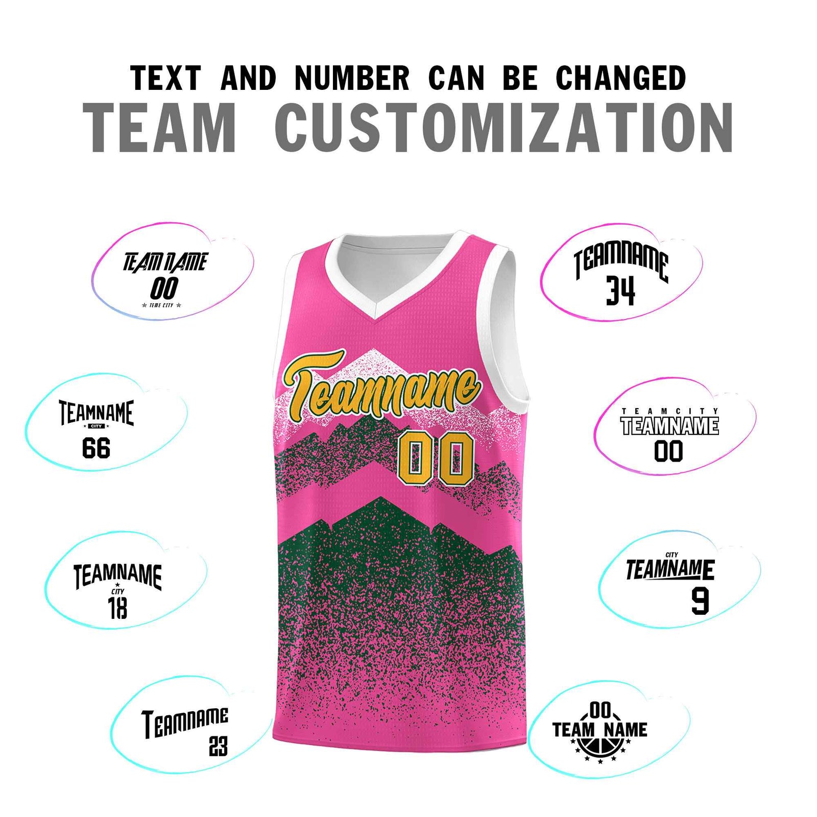 Personalized Youth Basketball Jerseys Pink Green Gradient Mountain Design Uniforms