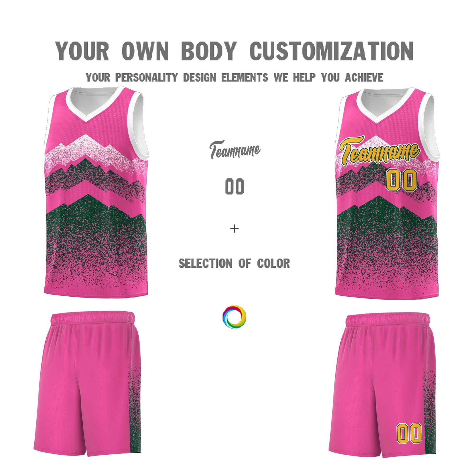 Personalized Youth Basketball Jerseys Pink Green Gradient Mountain Design Uniforms