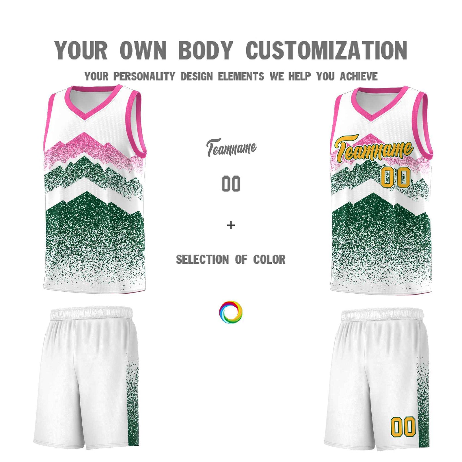 Custom Youth Basketball Jerseys White Green Gradient Mountain Design Uniforms