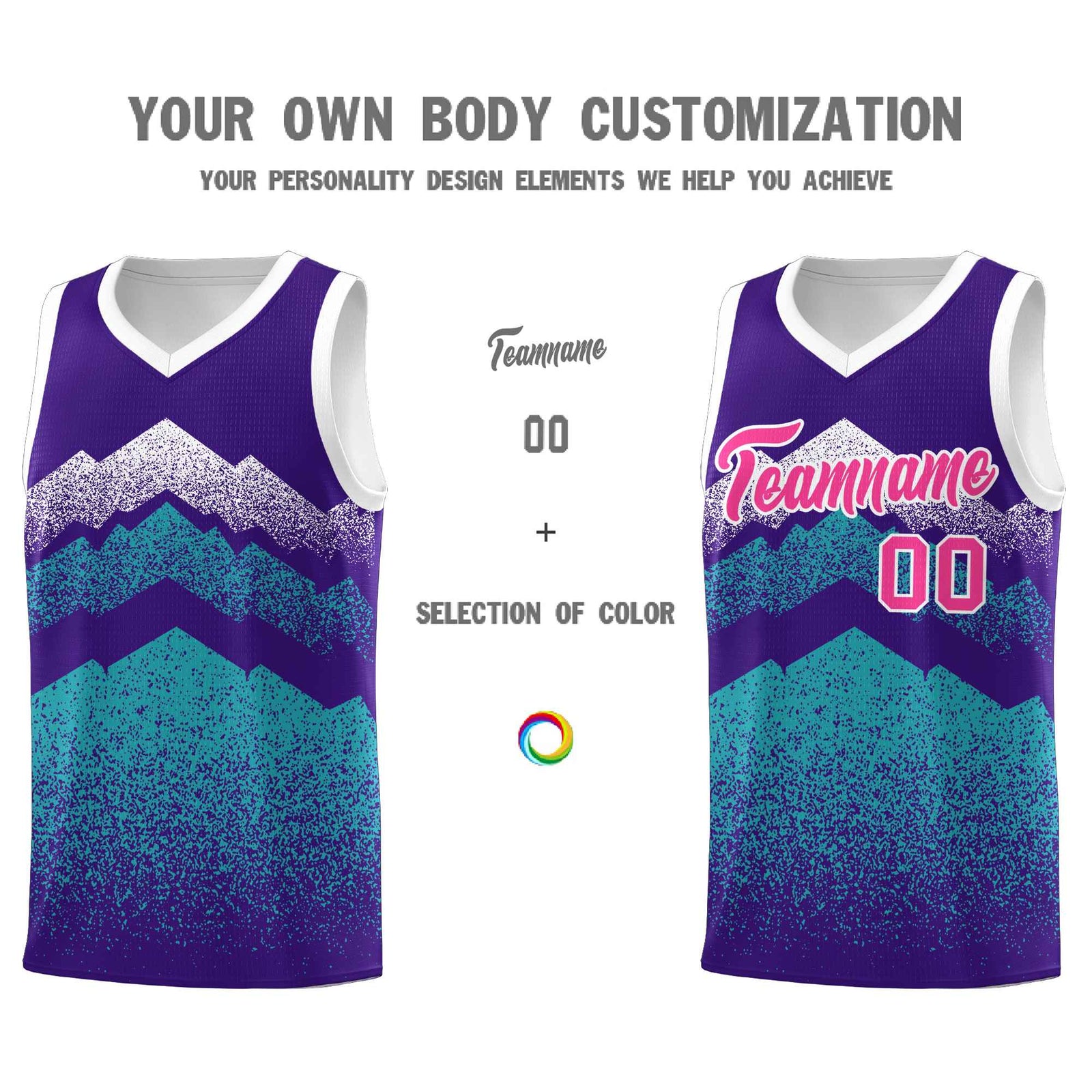 Personalized Youth Basketball Jerseys Purple Aqua Gradient Mountain Design Uniforms