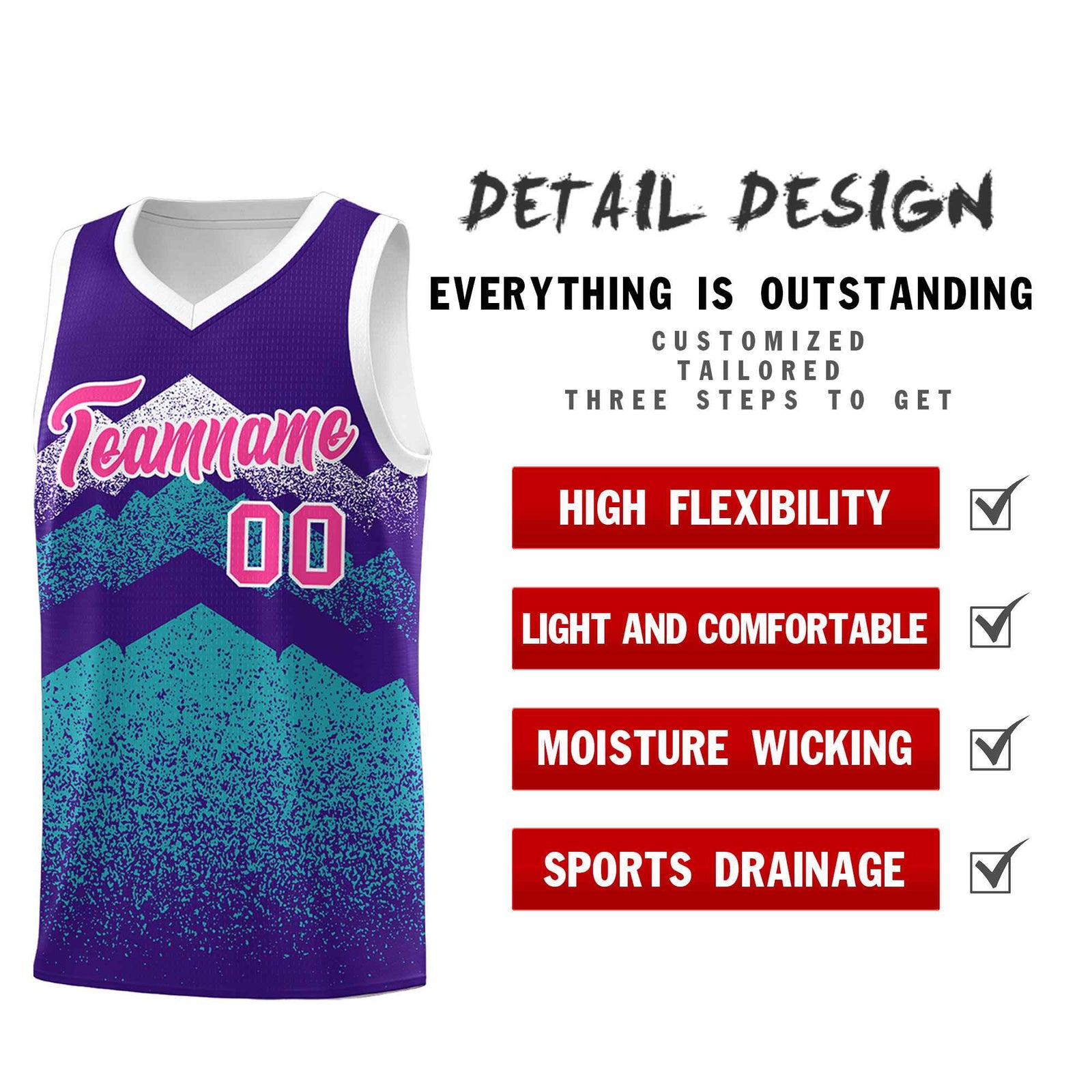 Personalized Youth Basketball Jerseys Purple Aqua Gradient Mountain Design Uniforms