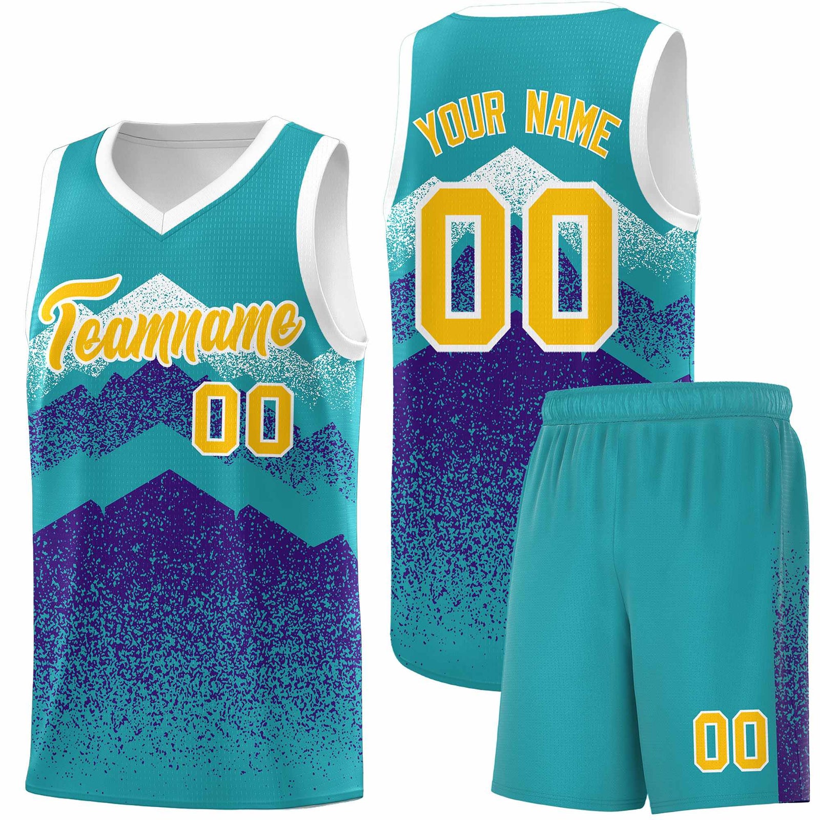 Personalized Youth Basketball Jerseys Aqua Purple Gradient Mountain Design Uniforms
