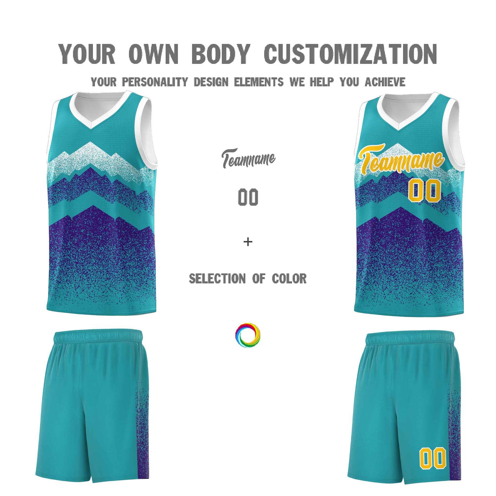 Personalized Youth Basketball Jerseys Aqua Purple Gradient Mountain Design Uniforms