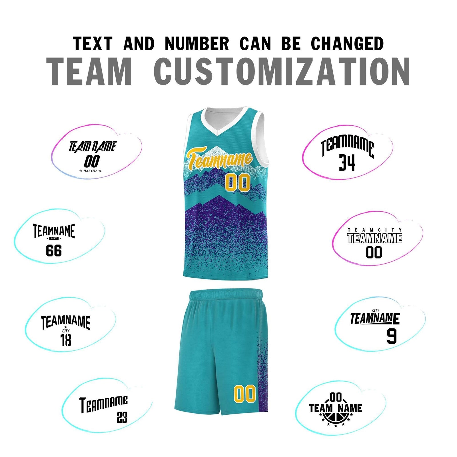 Personalized Youth Basketball Jerseys Aqua Purple Gradient Mountain Design Uniforms