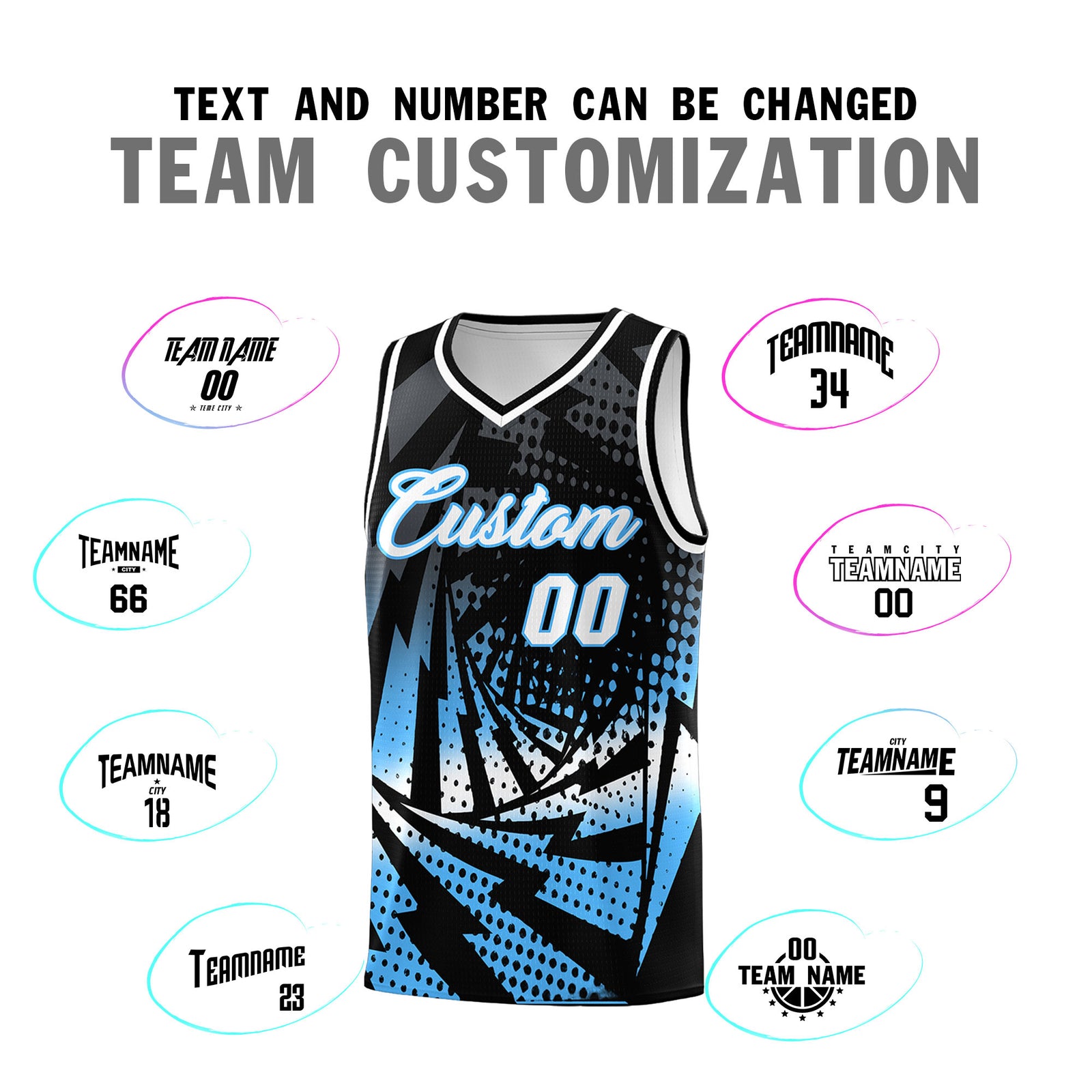 Custom Youth Basketball Jerseys Black Powder Blue Lightning Design Halftone Personalized Uniforms
