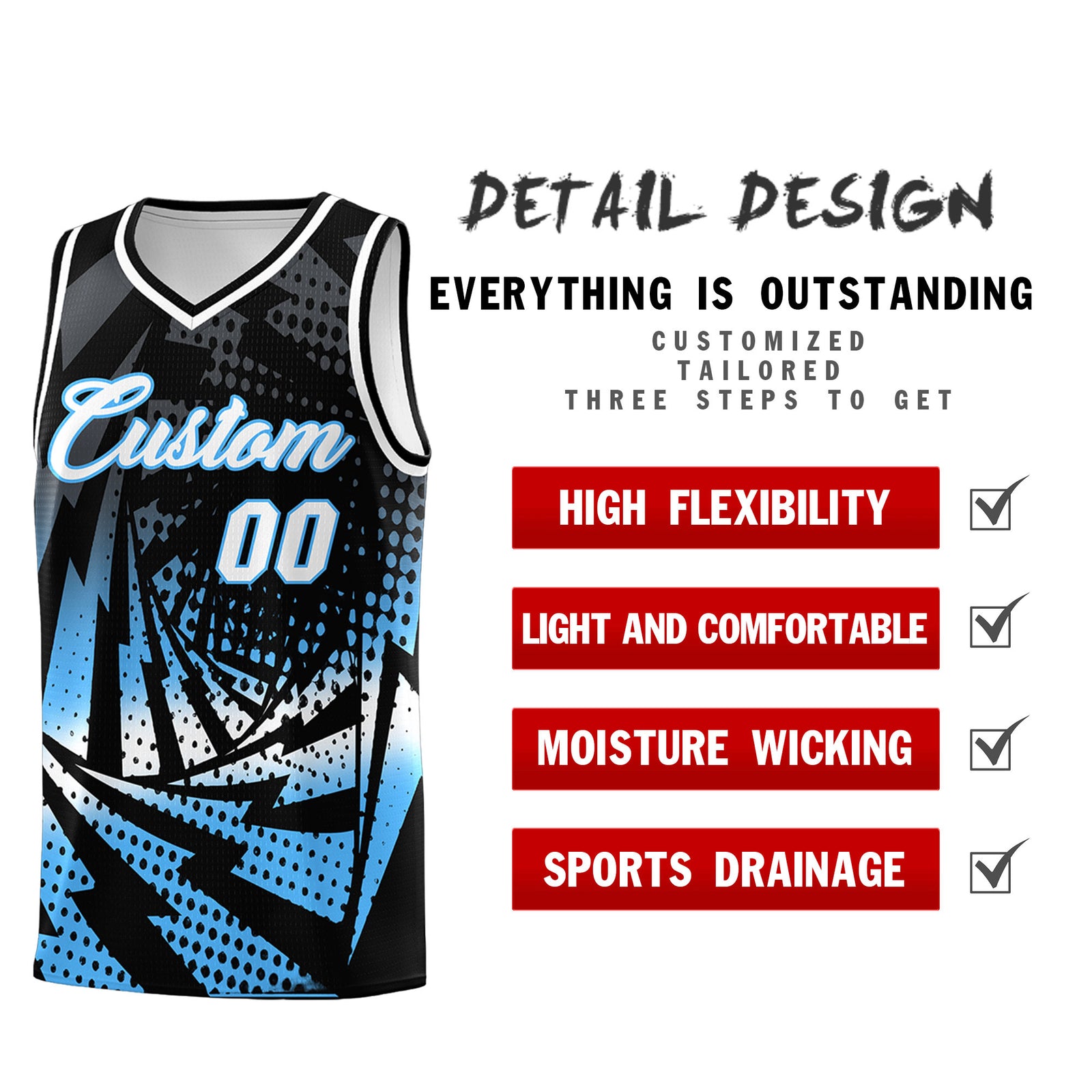 Custom Youth Basketball Jerseys Black Powder Blue Lightning Design Halftone Personalized Uniforms