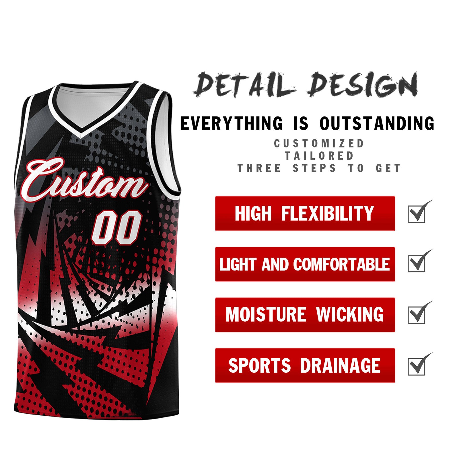 Custom Youth Basketball Jerseys Black Red Lightning Halftone Personalized Team Uniforms