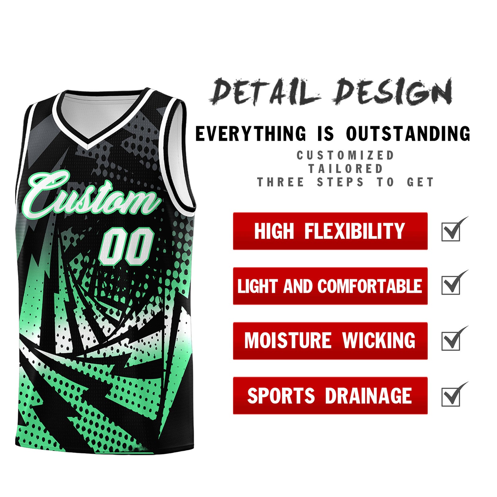 Custom Youth Basketball Jerseys Black Green Lightning Design Halftone Personalized Uniforms