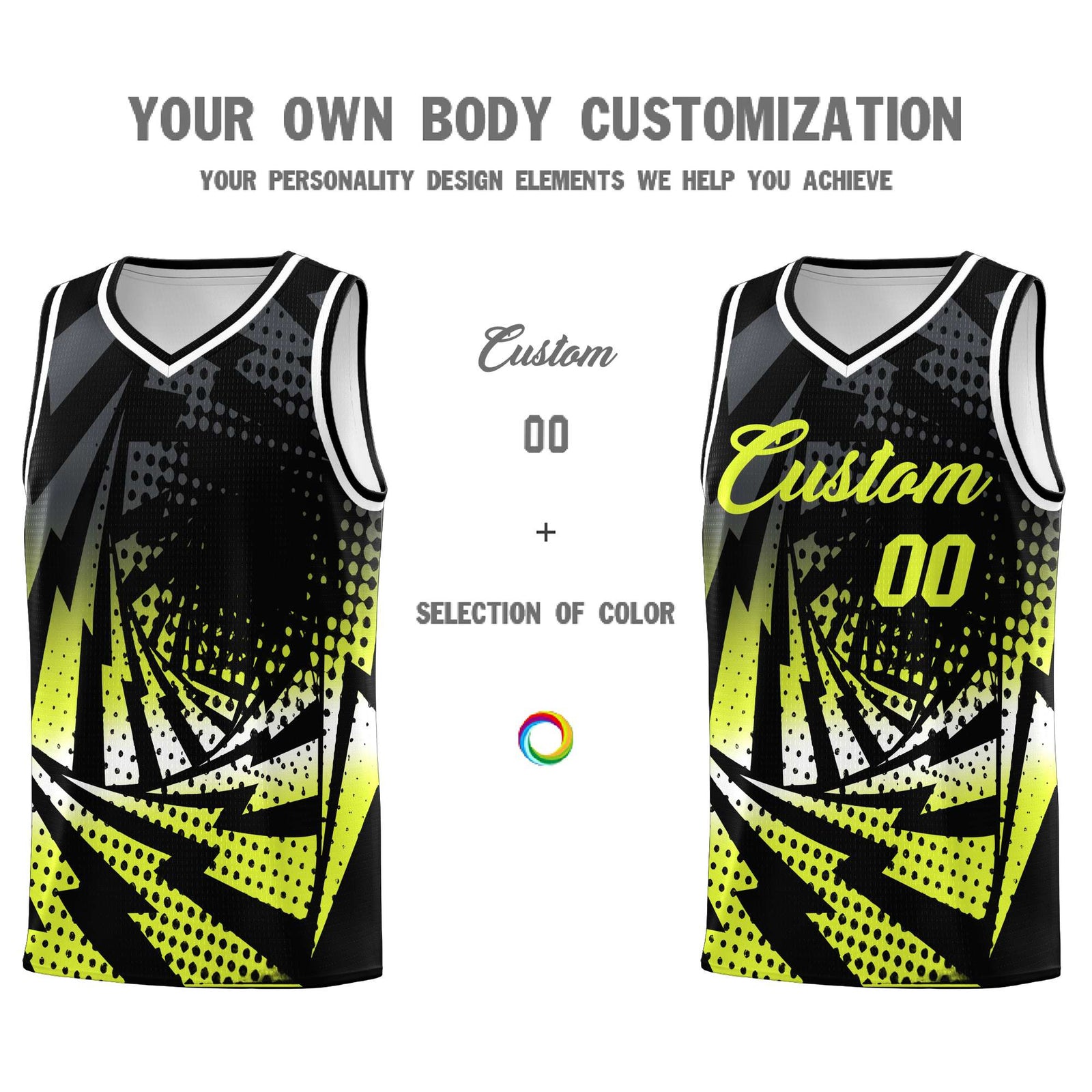 Custom Youth Basketball Jerseys Black Fluorescent Green Lightning Halftone Personalized Team Uniforms