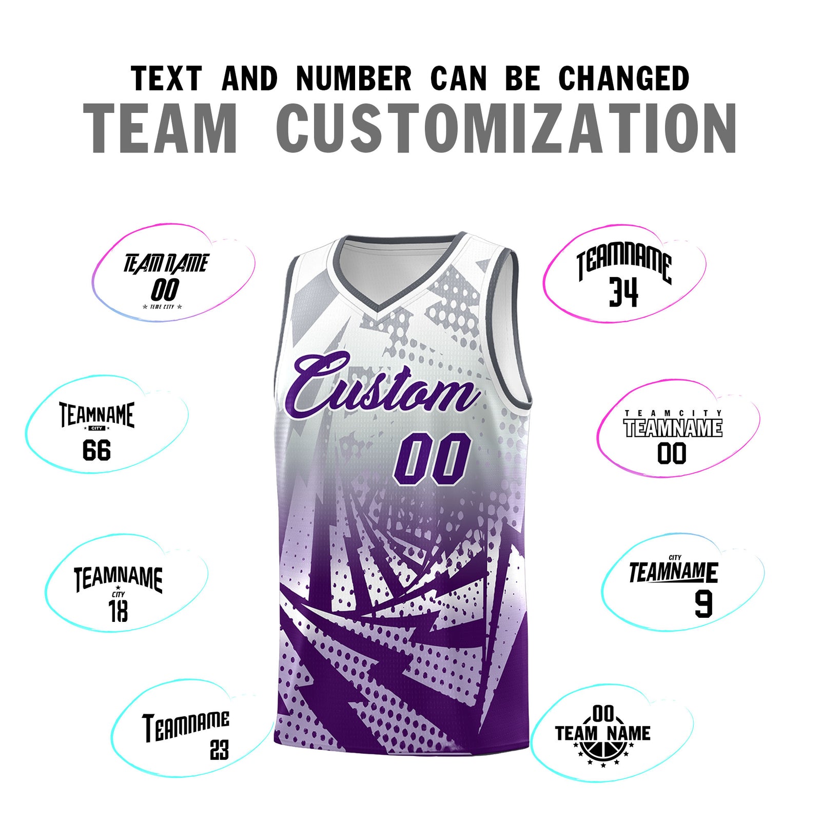 Custom Youth Basketball Jerseys Silver Gray Purple Lightning Design Halftone Personalized Uniforms