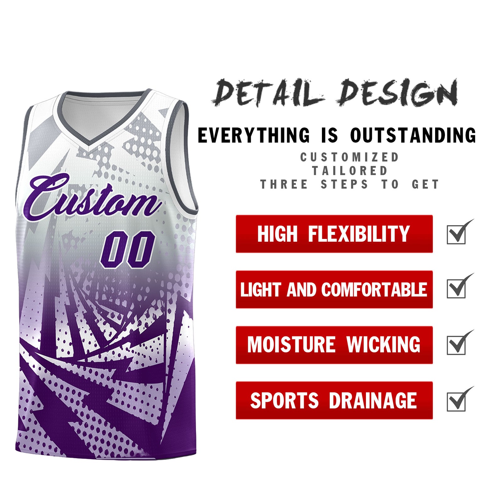 Custom Youth Basketball Jerseys Silver Gray Purple Lightning Design Halftone Personalized Uniforms