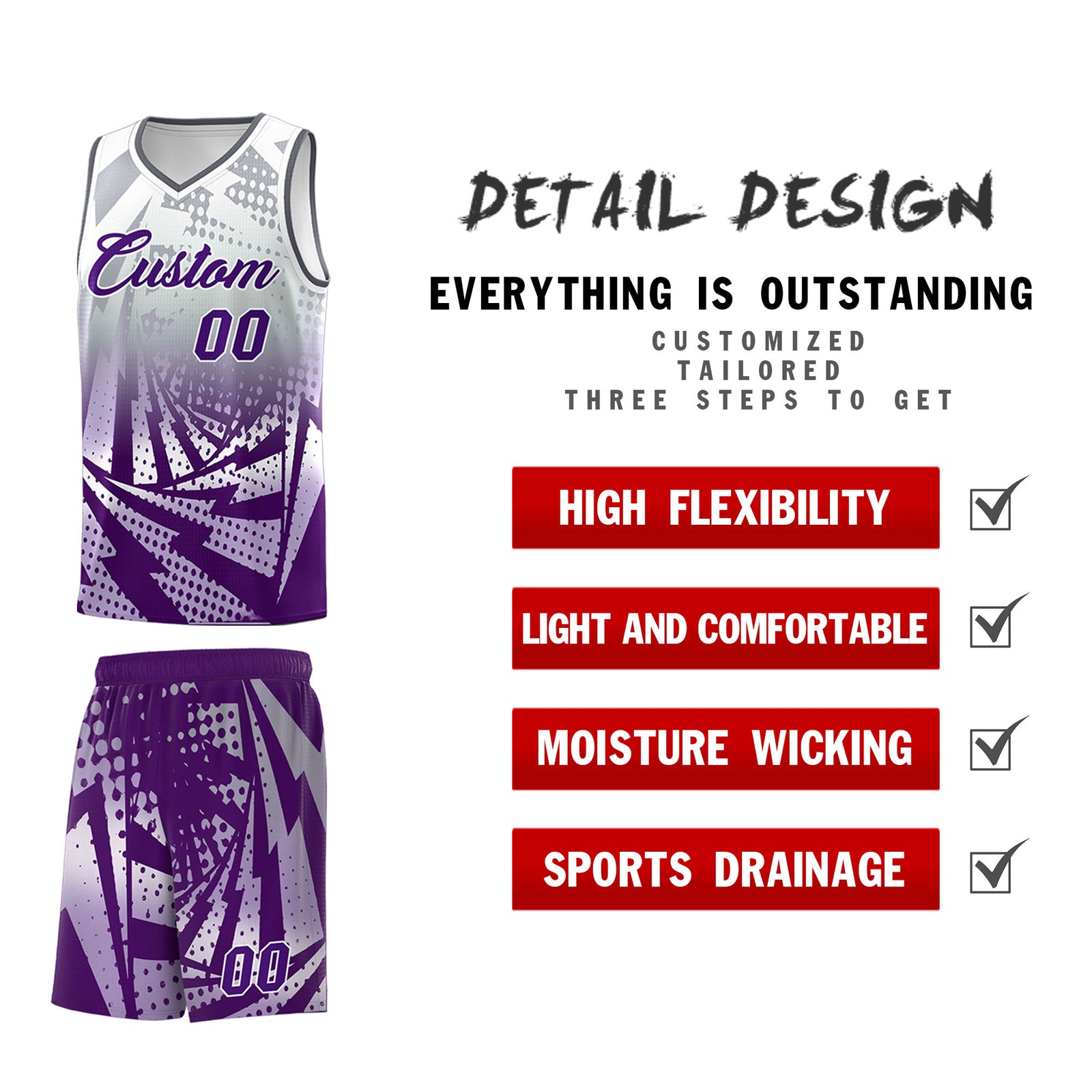 Custom Youth Basketball Jerseys Silver Gray Purple Lightning Design Halftone Personalized Uniforms