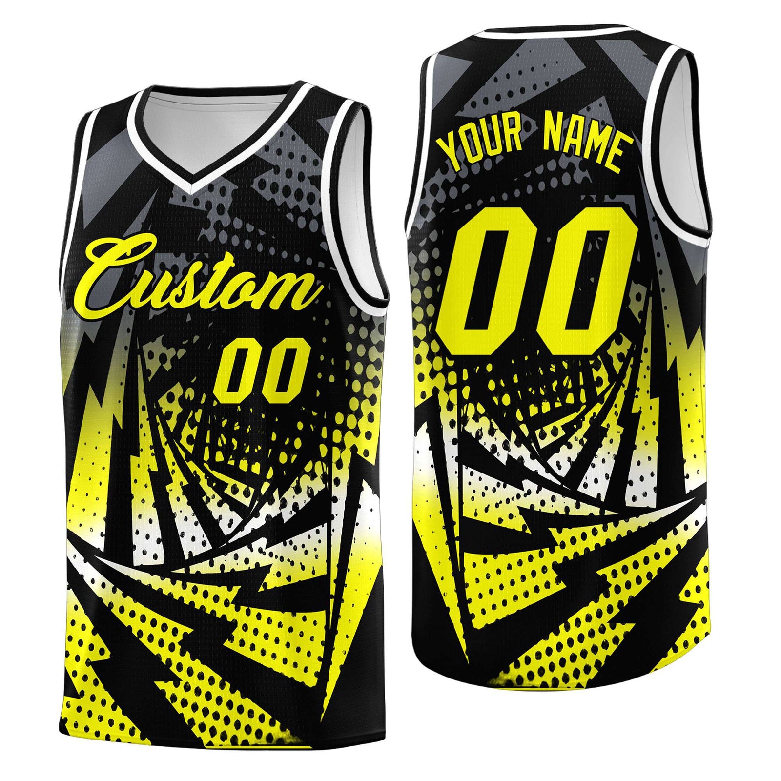 Custom Youth Basketball Jerseys Black Fluorescent Yellow Lightning Design Halftone Personalized Uniforms