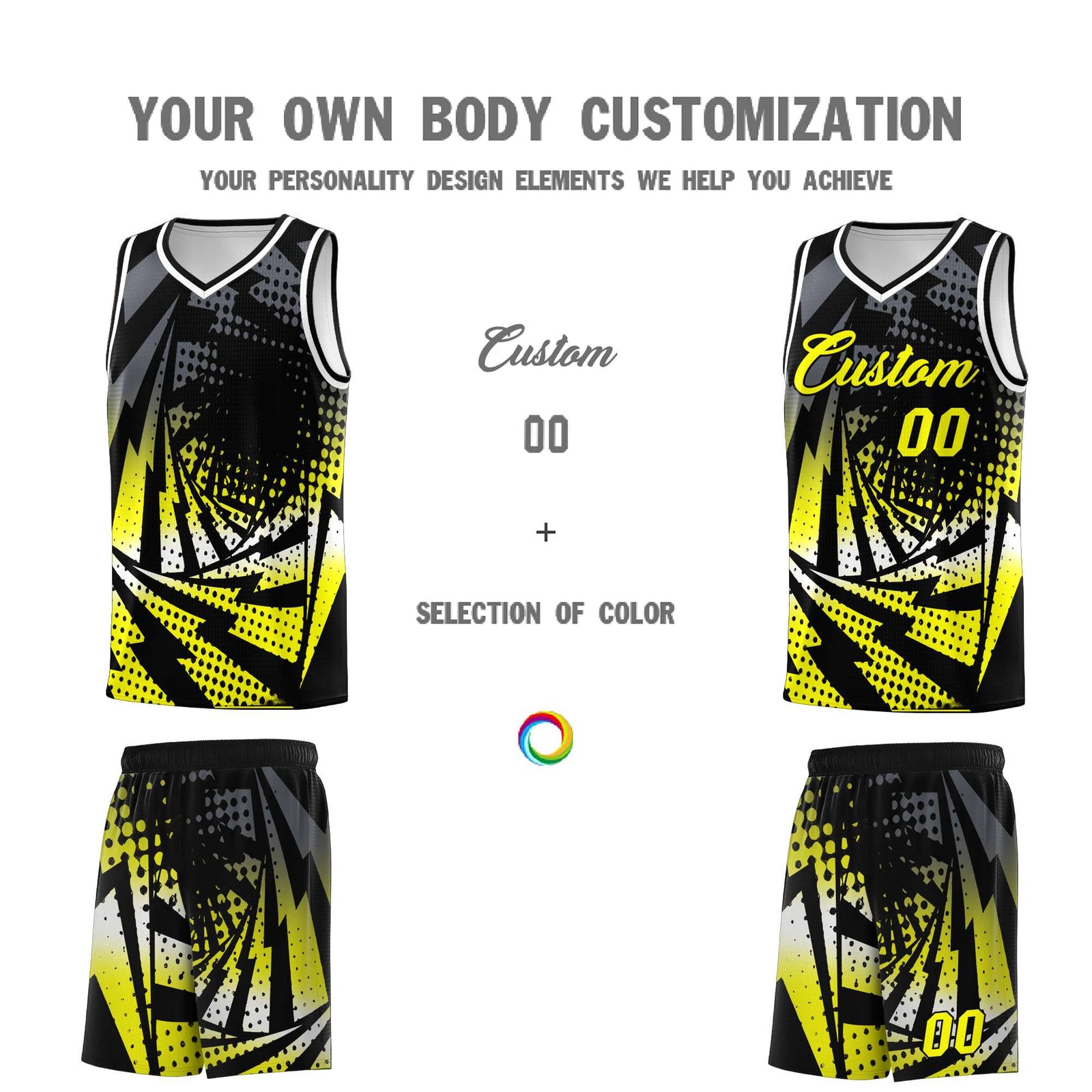 Custom Youth Basketball Jerseys Black Fluorescent Yellow Lightning Design Halftone Personalized Uniforms