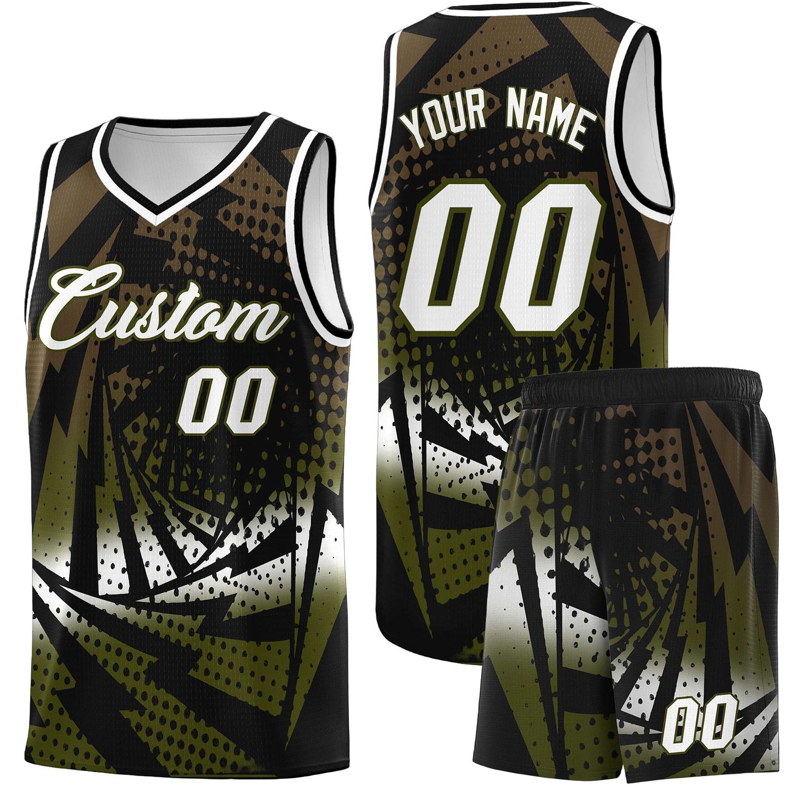 Custom Youth Basketball Jerseys Black Olive Lightning Design Halftone Personalized Uniforms