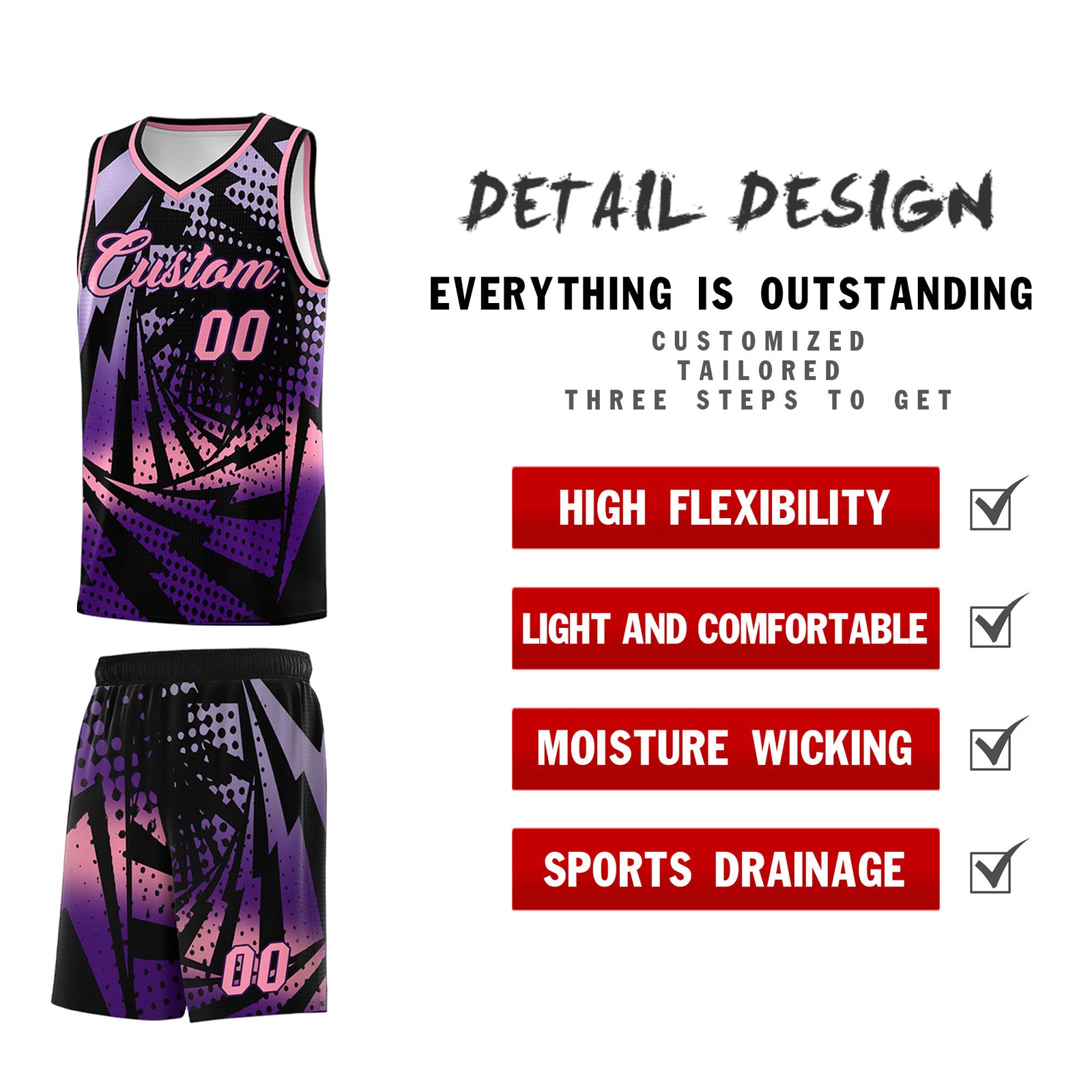 Custom Youth Basketball Jerseys Black Purple Lightning Halftone Personalized Team Uniforms