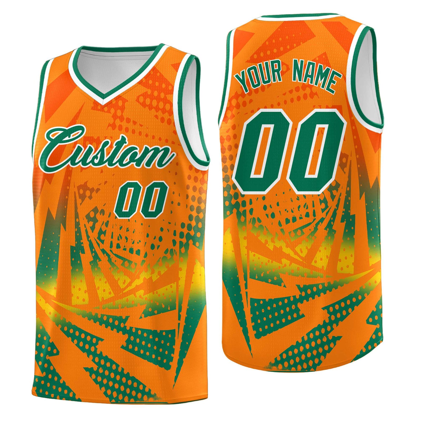 Custom Youth Basketball Jerseys Orange Kelly Green Lightning Design Halftone Personalized Uniforms