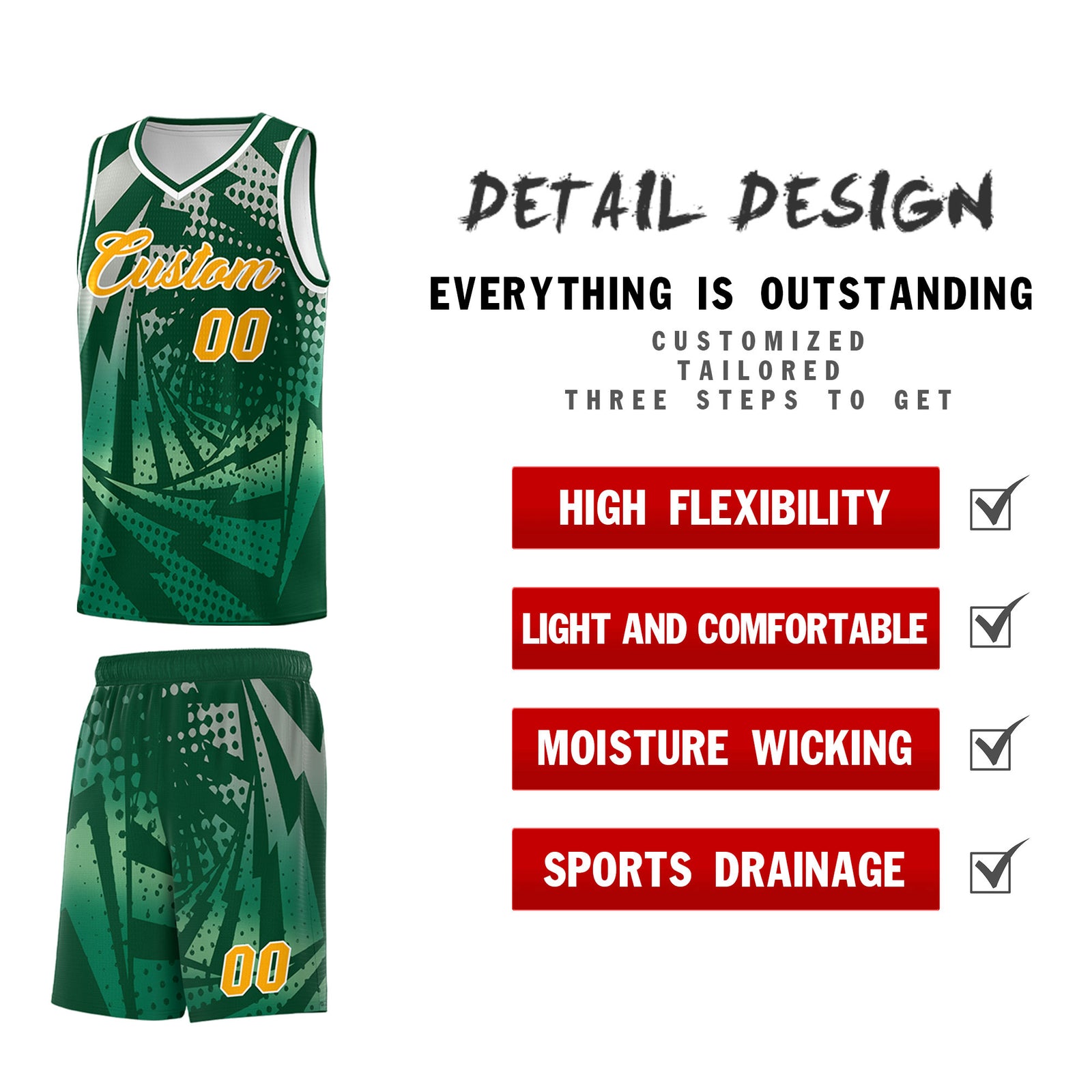 Custom Youth Basketball Jerseys Green Kelly Green Lightning Design Halftone Personalized Uniforms