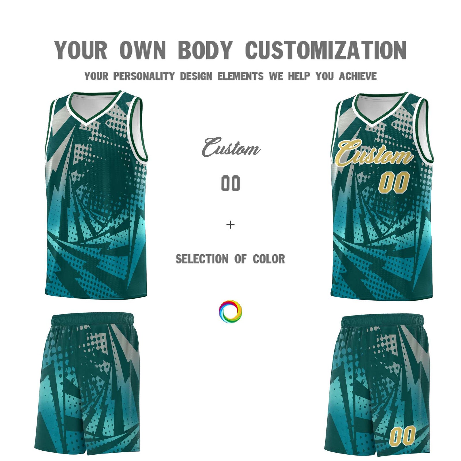 Custom Youth Basketball Jerseys Midnight Green Teal Lightning Halftone Personalized Team Uniforms