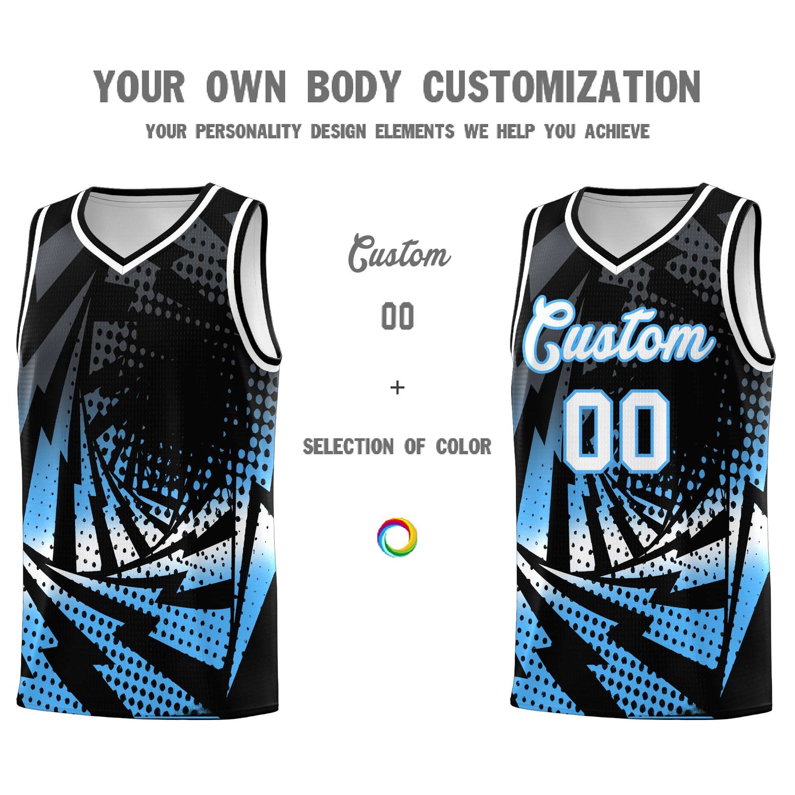 Custom Youth Basketball Jerseys Black Powder Blue Lightning Design Halftone Personalized Uniforms