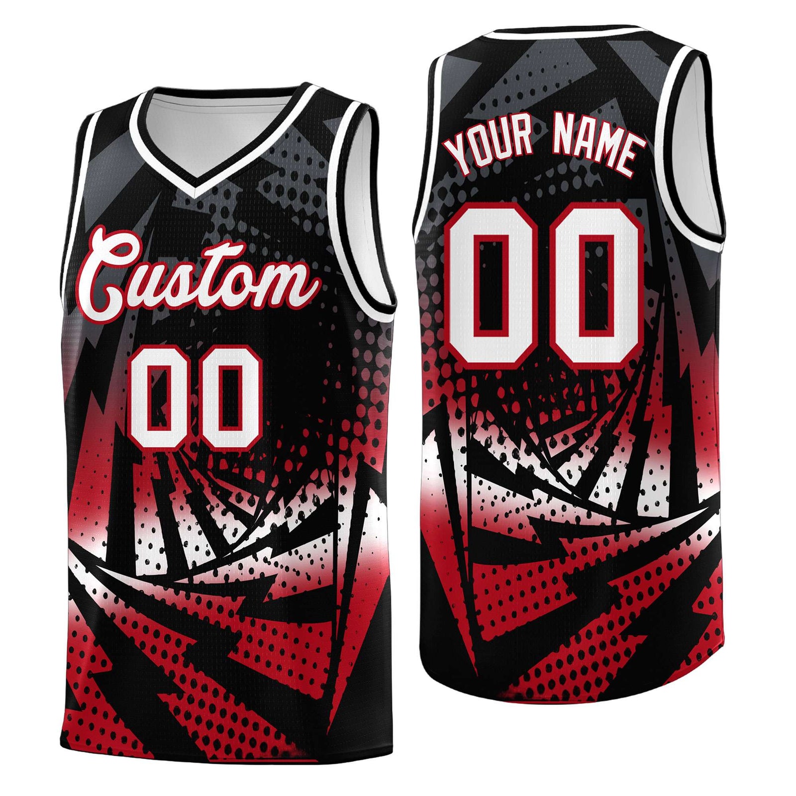 Custom Youth Basketball Jerseys Black Red Lightning Halftone Personalized Team Uniforms