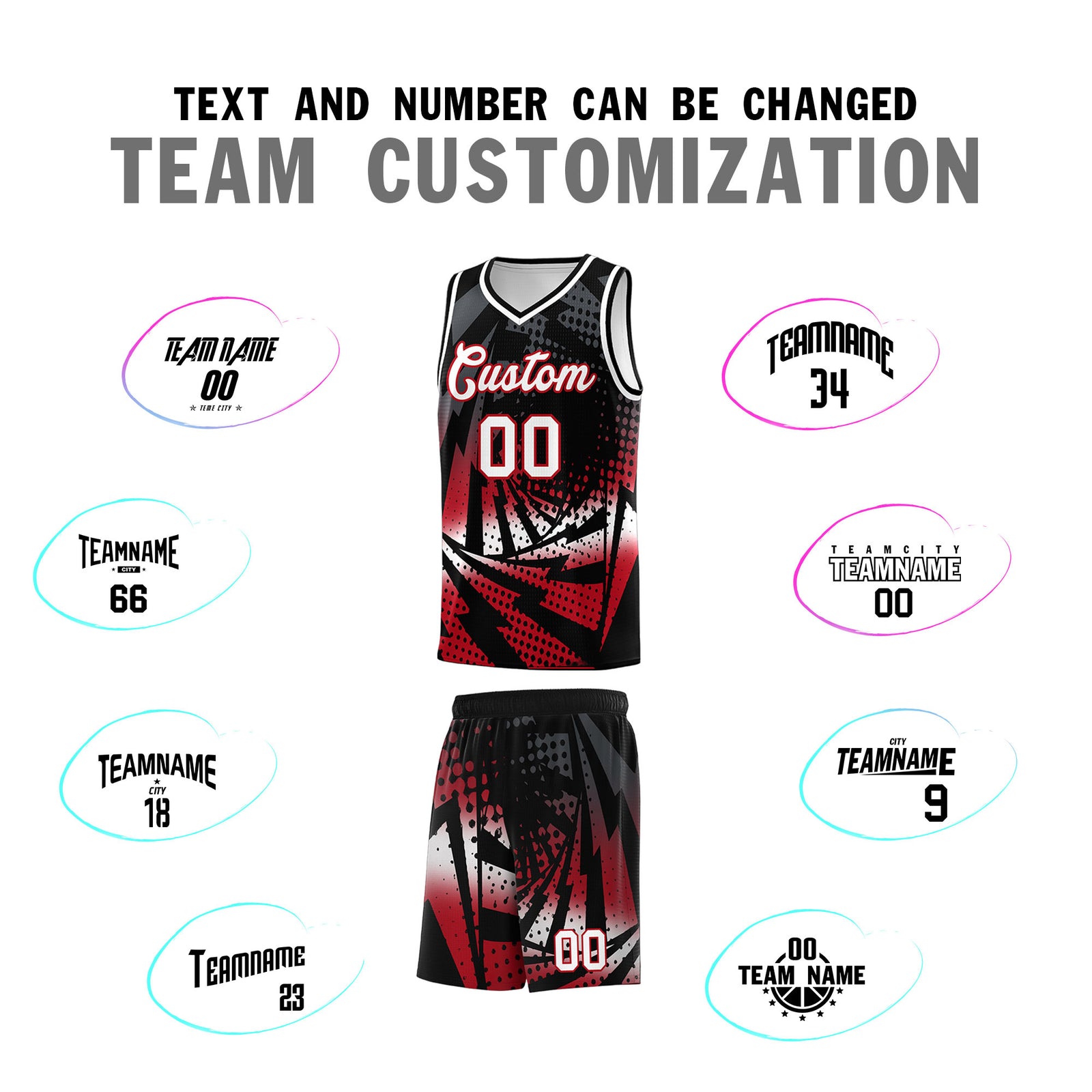 Custom Youth Basketball Jerseys Black Red Lightning Halftone Personalized Team Uniforms