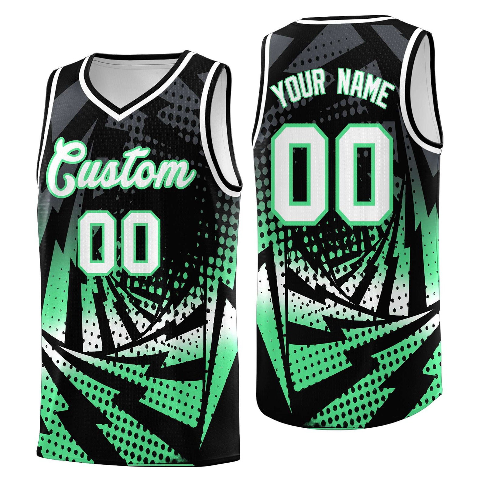 Custom Youth Basketball Jerseys Black Green Lightning Design Halftone Personalized Uniforms
