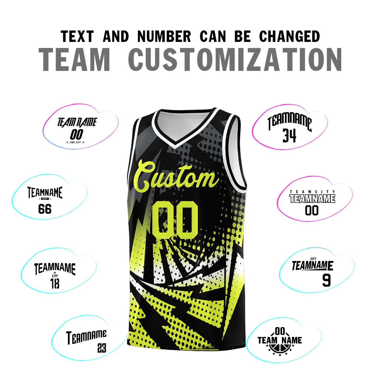 Custom Youth Basketball Jerseys Black Fluorescent Green Lightning Halftone Personalized Team Uniforms