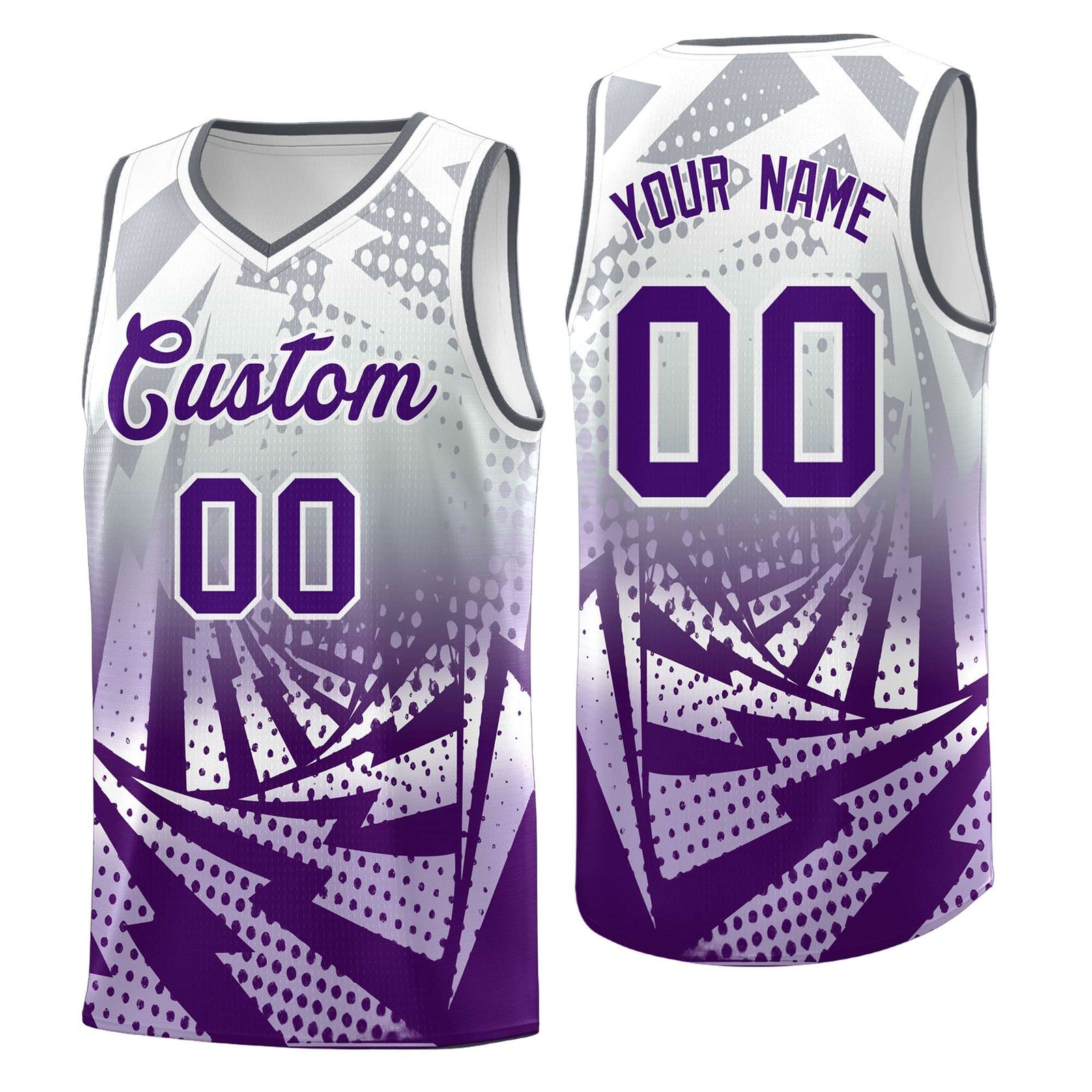 Custom Youth Basketball Jerseys Silver Gray Purple Lightning Design Halftone Personalized Uniforms