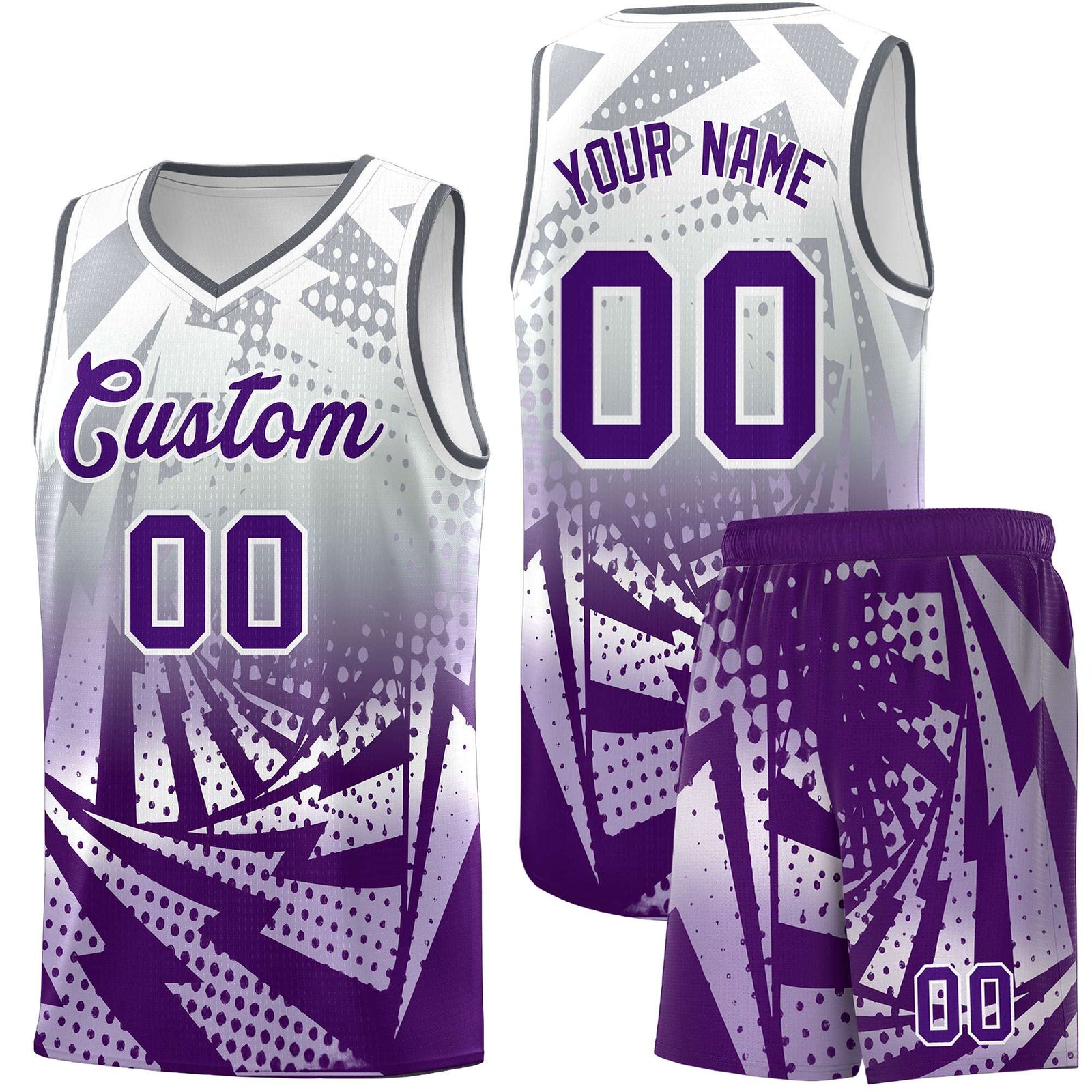Custom Youth Basketball Jerseys Silver Gray Purple Lightning Design Halftone Personalized Uniforms