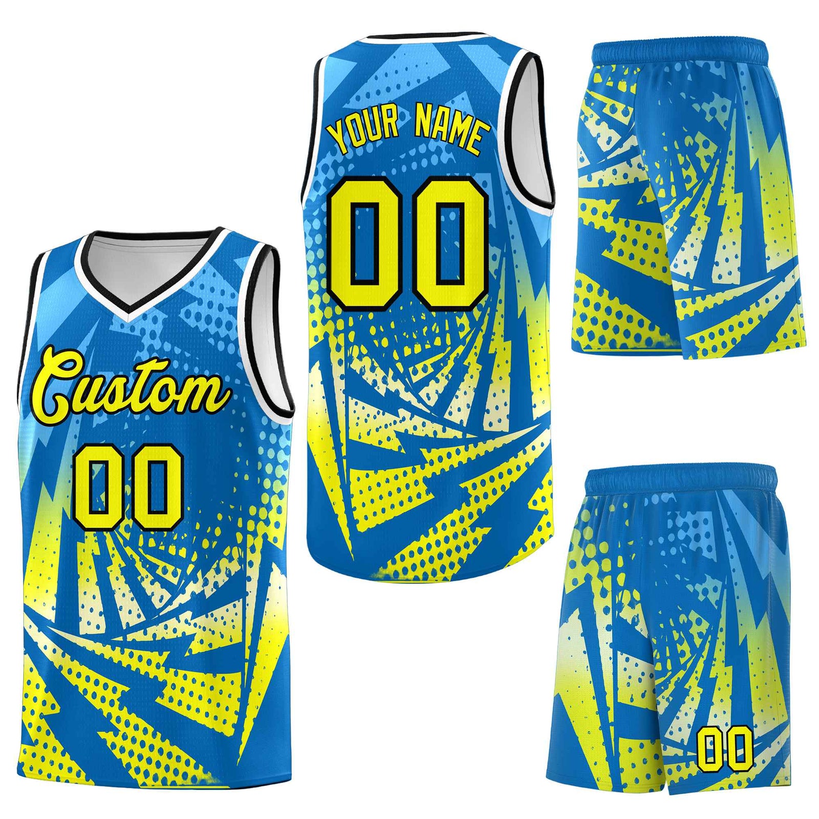 Custom Light Blue Fluorescent Yellow Lightning Halftone Dot Design Lightweight Uniform Basketball Jersey