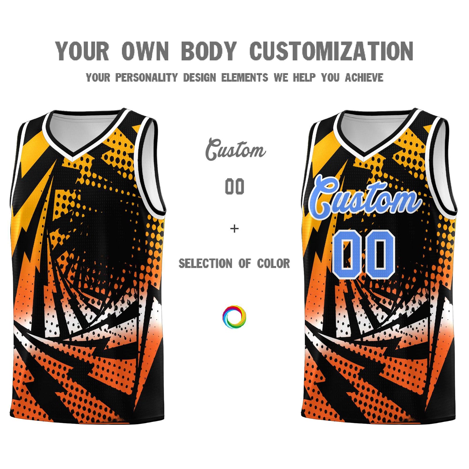 Custom Youth Basketball Jerseys Black Orange Lightning Design Halftone Personalized Uniforms