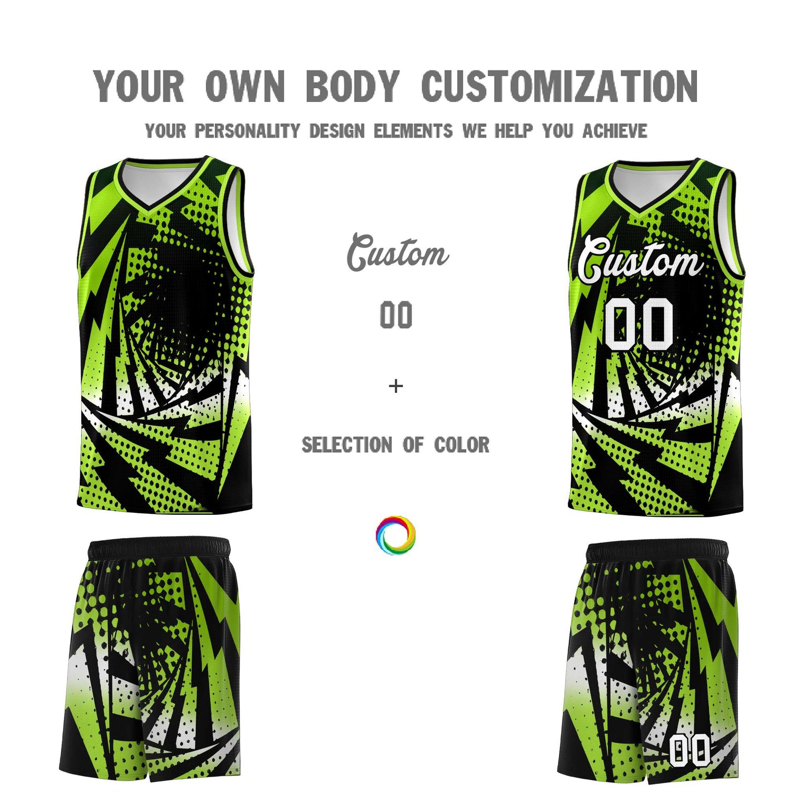 Custom Youth Basketball Jerseys Neon Green Black Lightning Halftone Personalized Team Uniforms