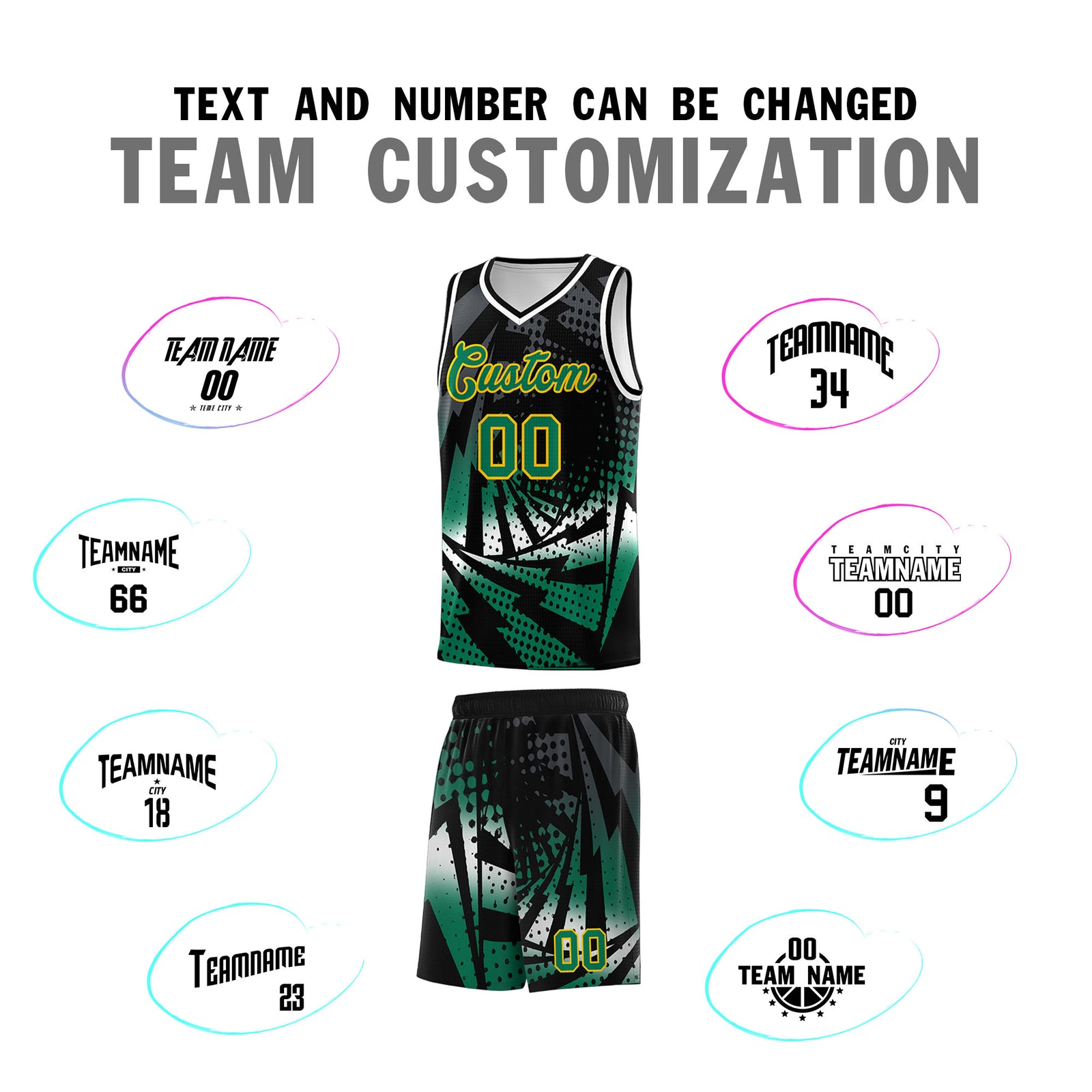 Custom Youth Basketball Jerseys Black Kelly Green Lightning Design Halftone Personalized Uniforms