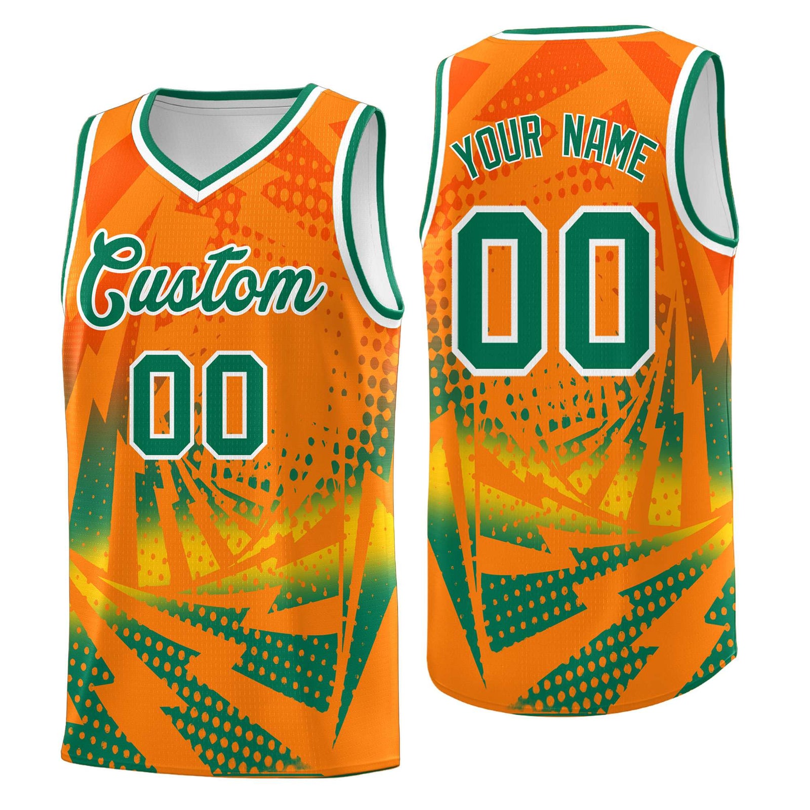 Custom Youth Basketball Jerseys Orange Kelly Green Lightning Design Halftone Personalized Uniforms